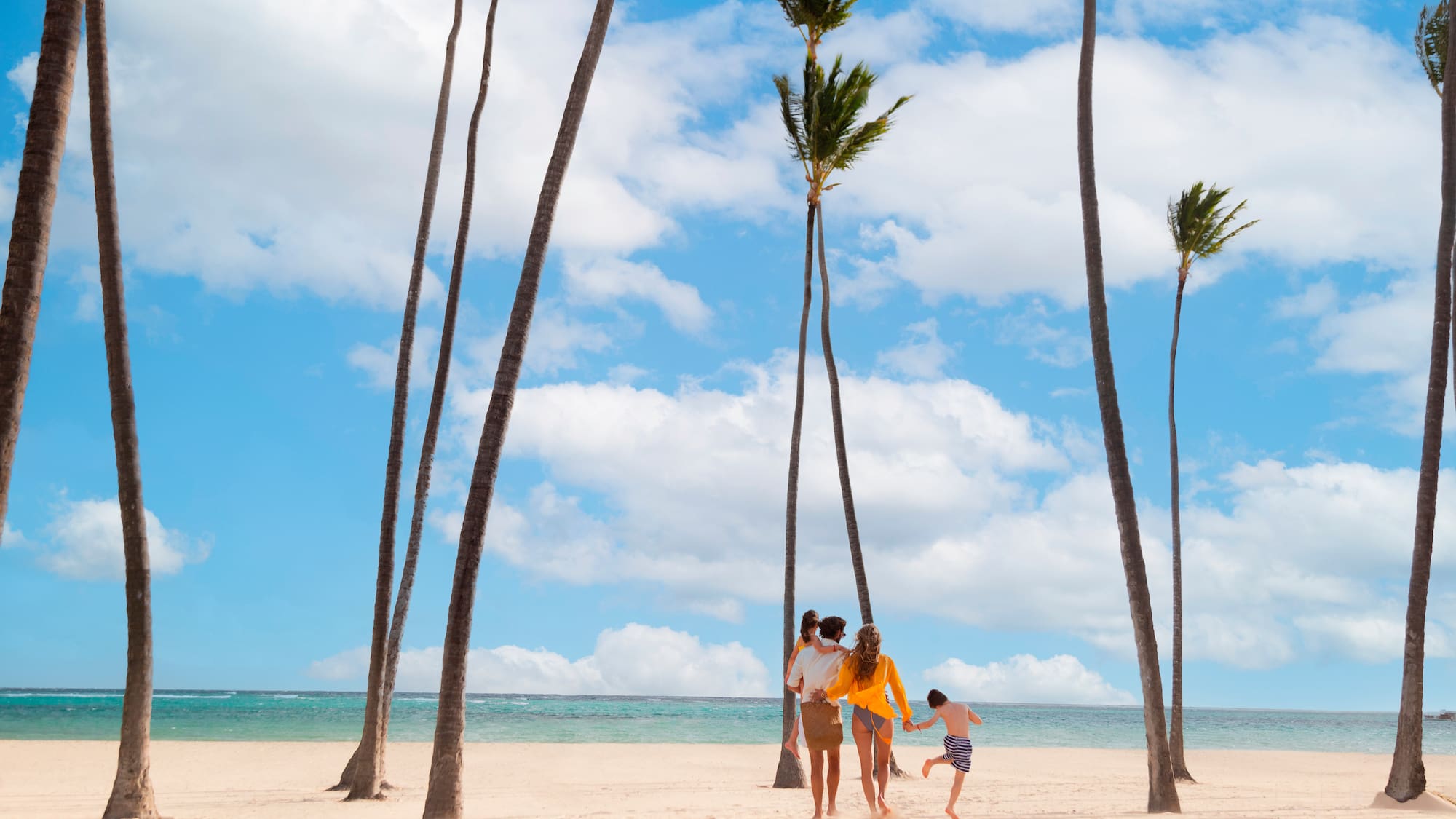 a group of people on a beach with palm trees