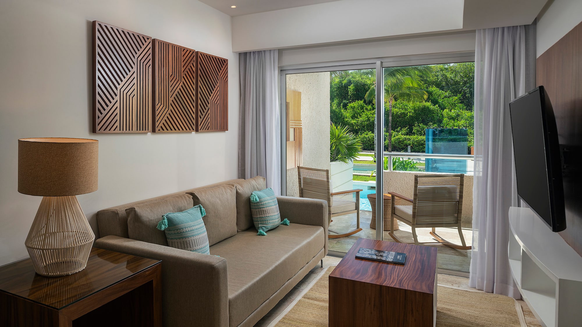 a living room with a couch and a table