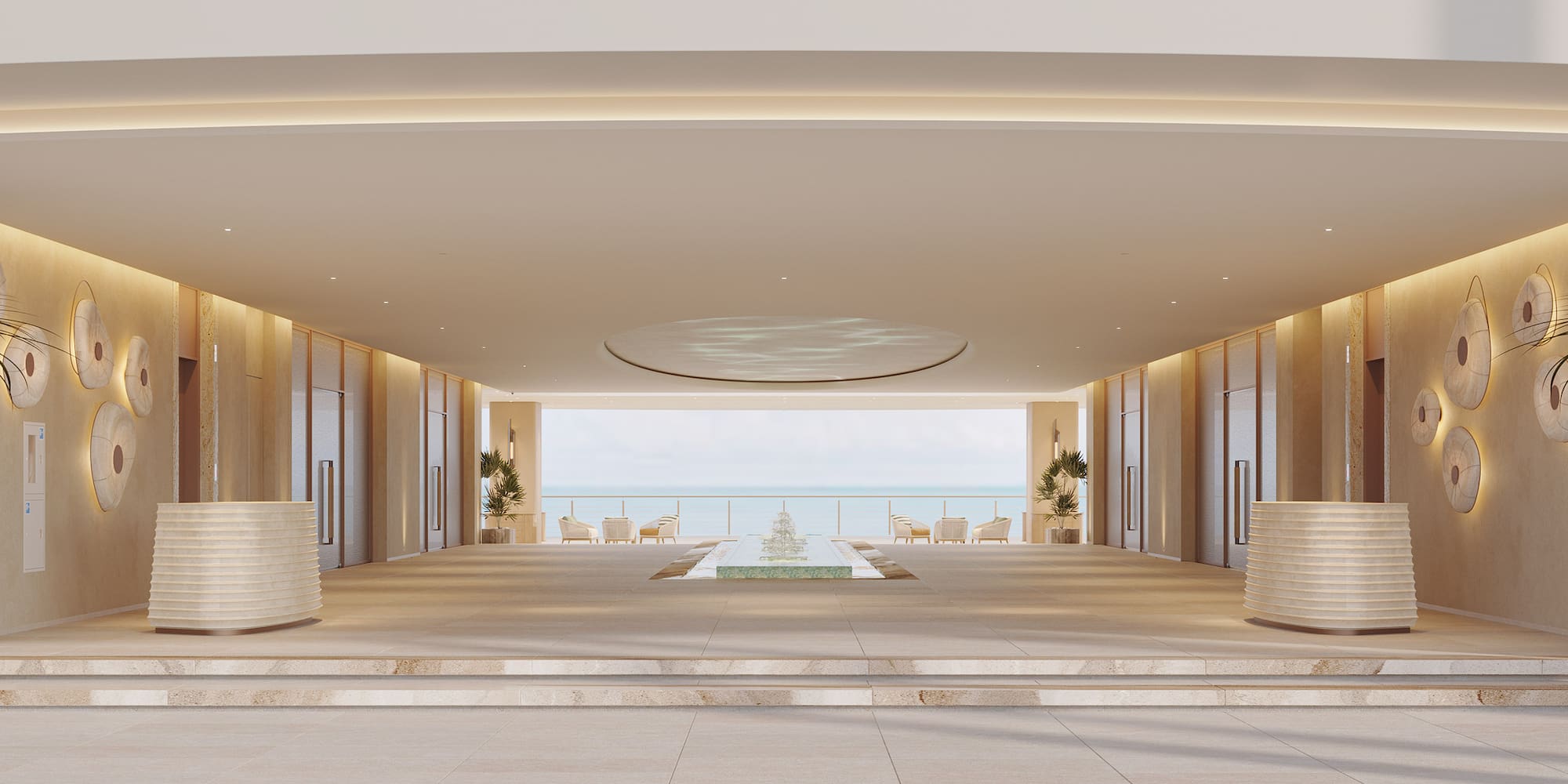 a large room with a fountain and a pool