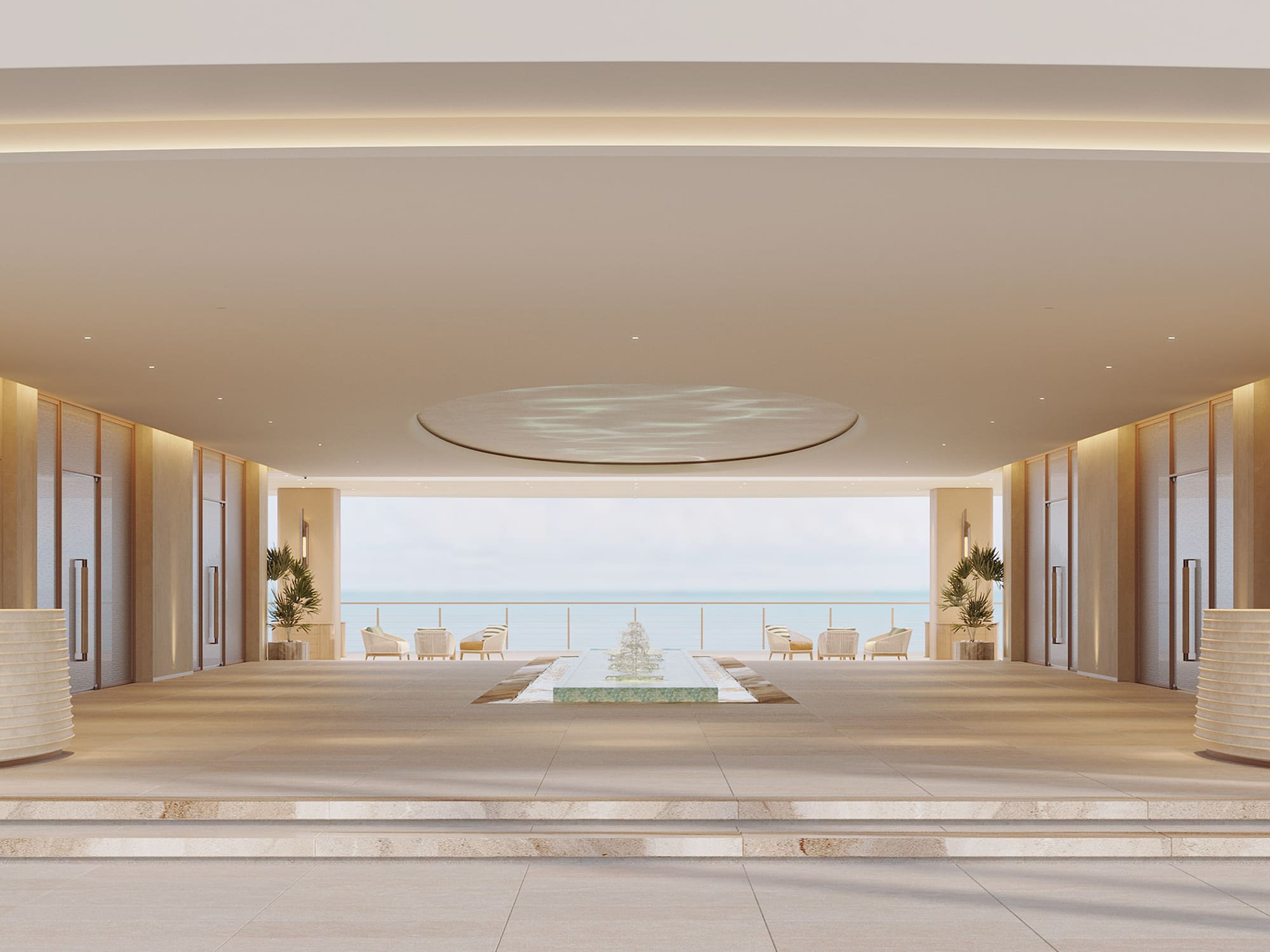 a large room with a fountain and a pool