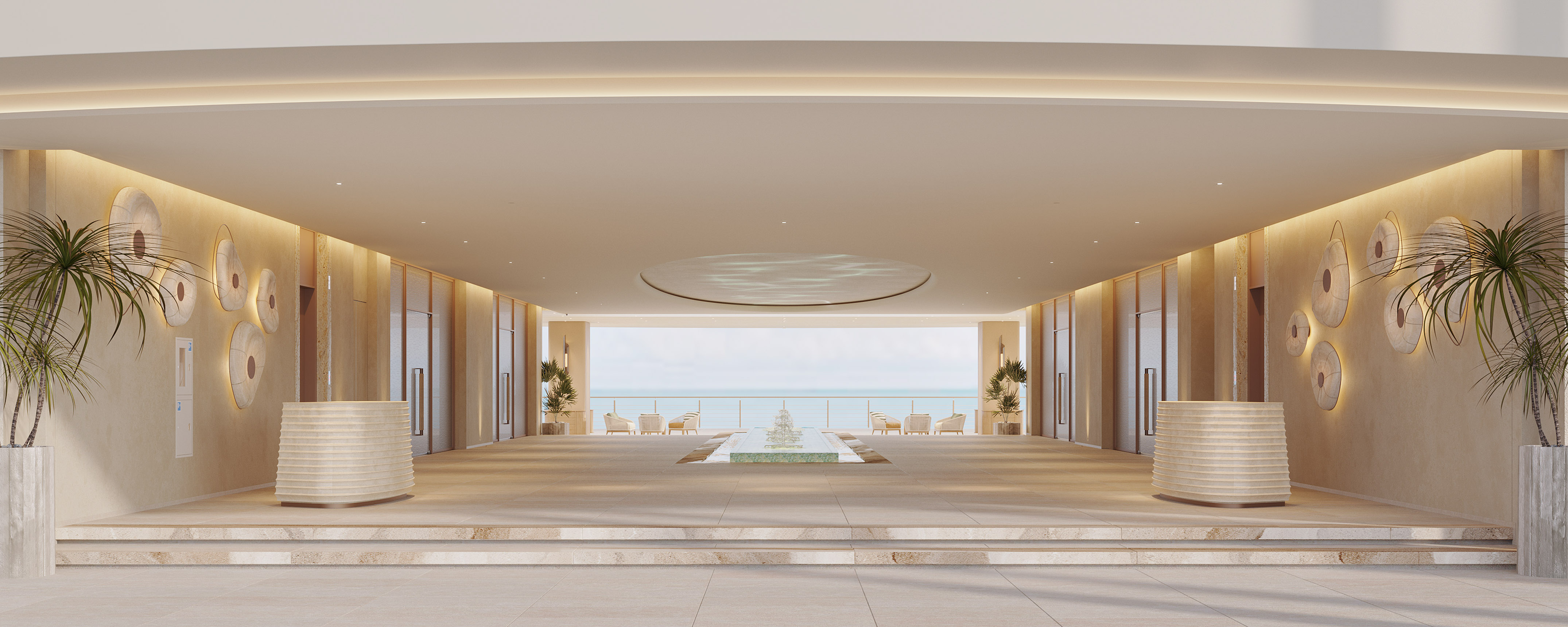 Elegant resort entrance, ocean view, modern decor, tropical greenery.