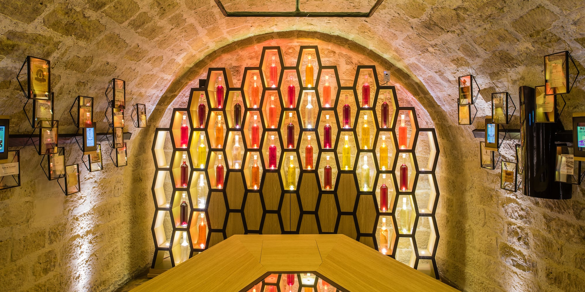 a room with a table and a table with lights