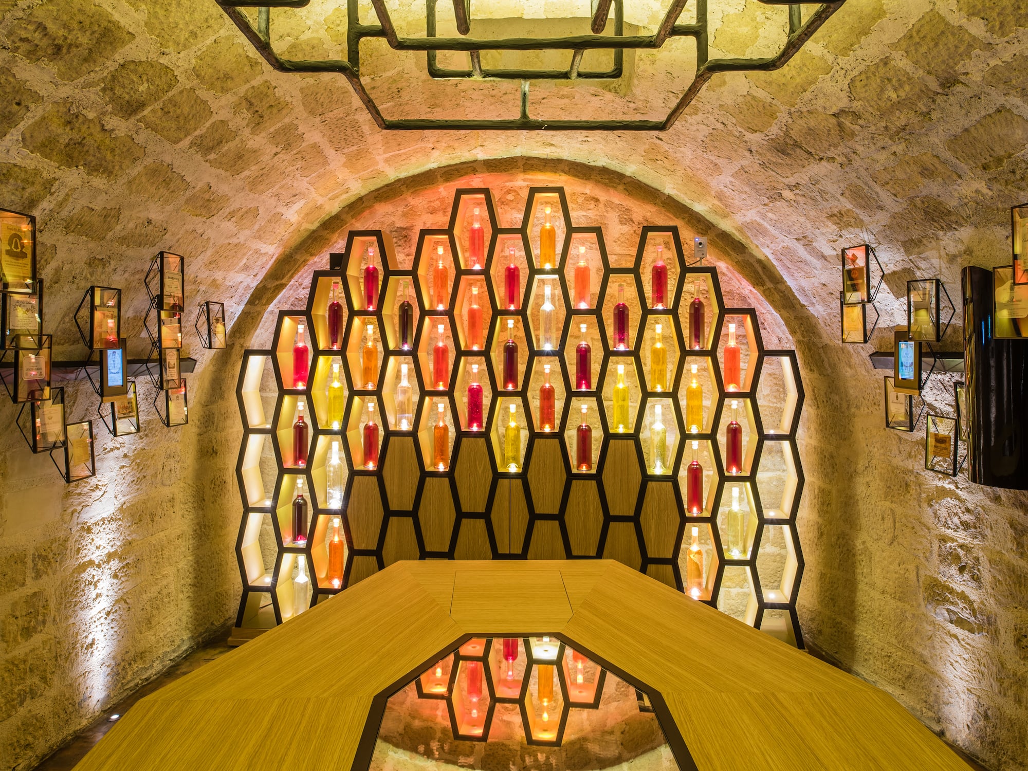 a room with a table and a table with lights