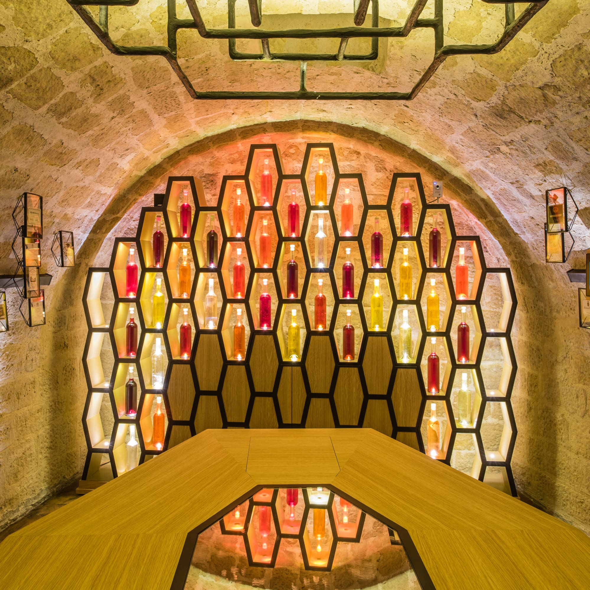 a room with a table and a table with lights