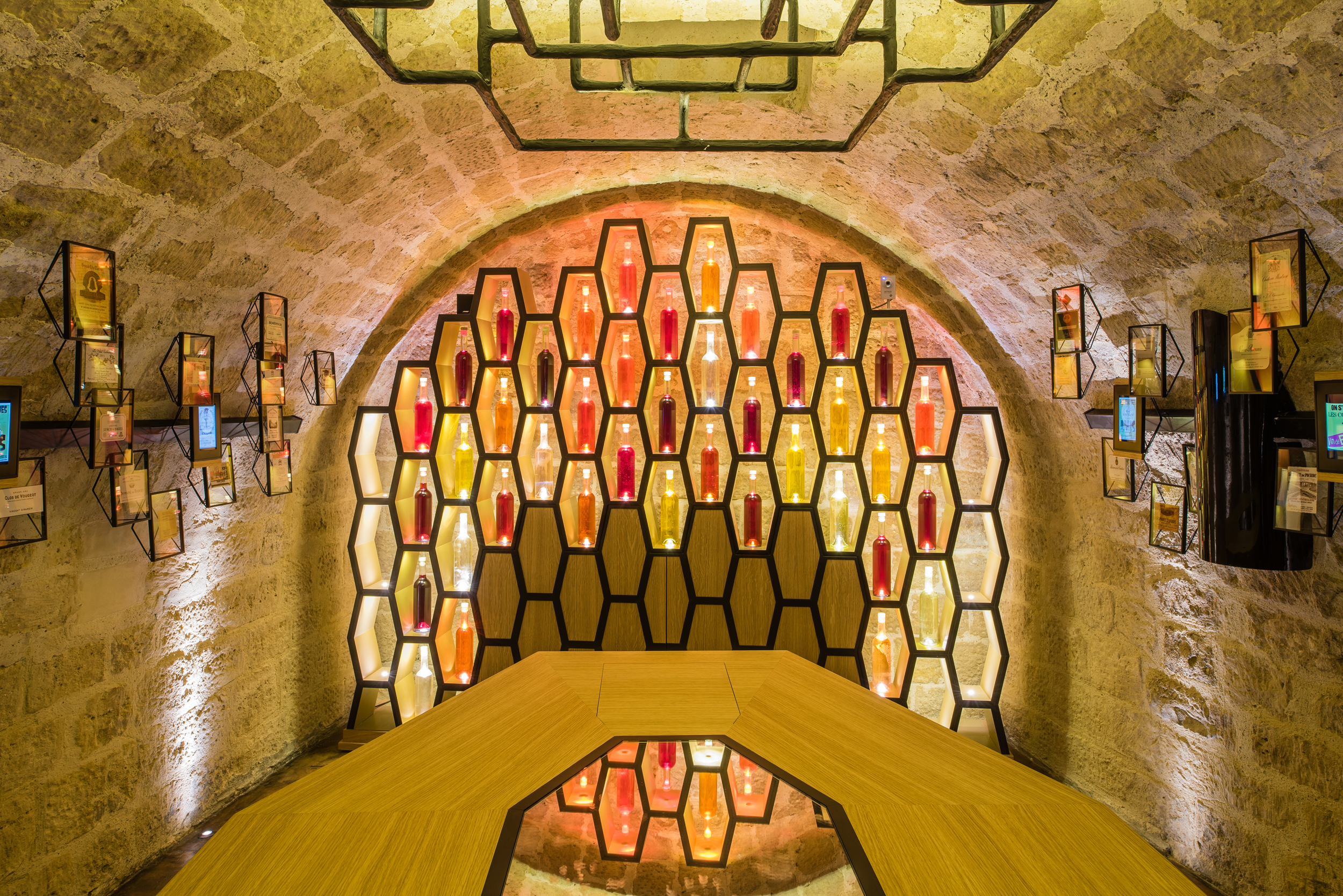 a room with a table and a table with lights