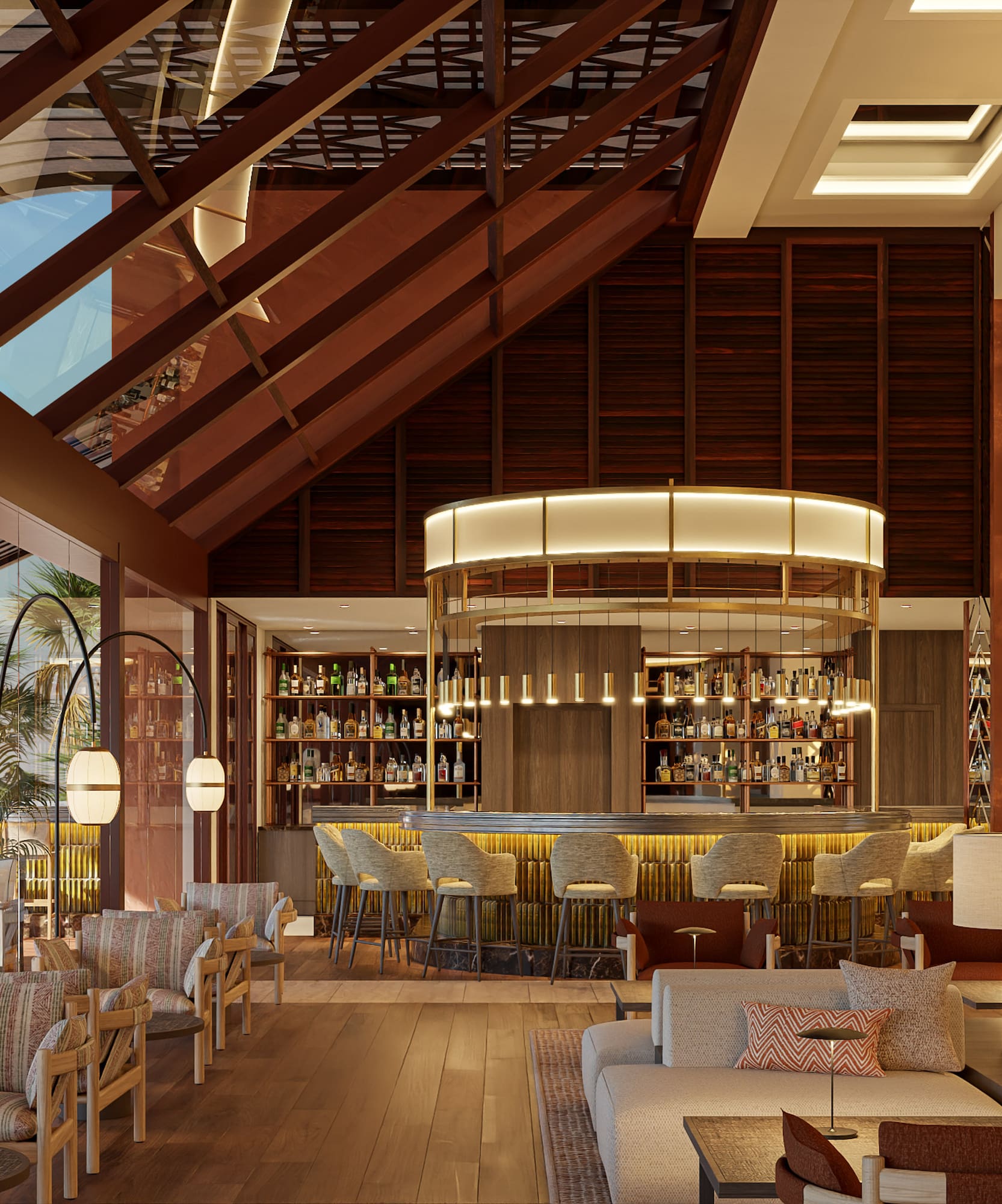 a room with a bar and a lounge area