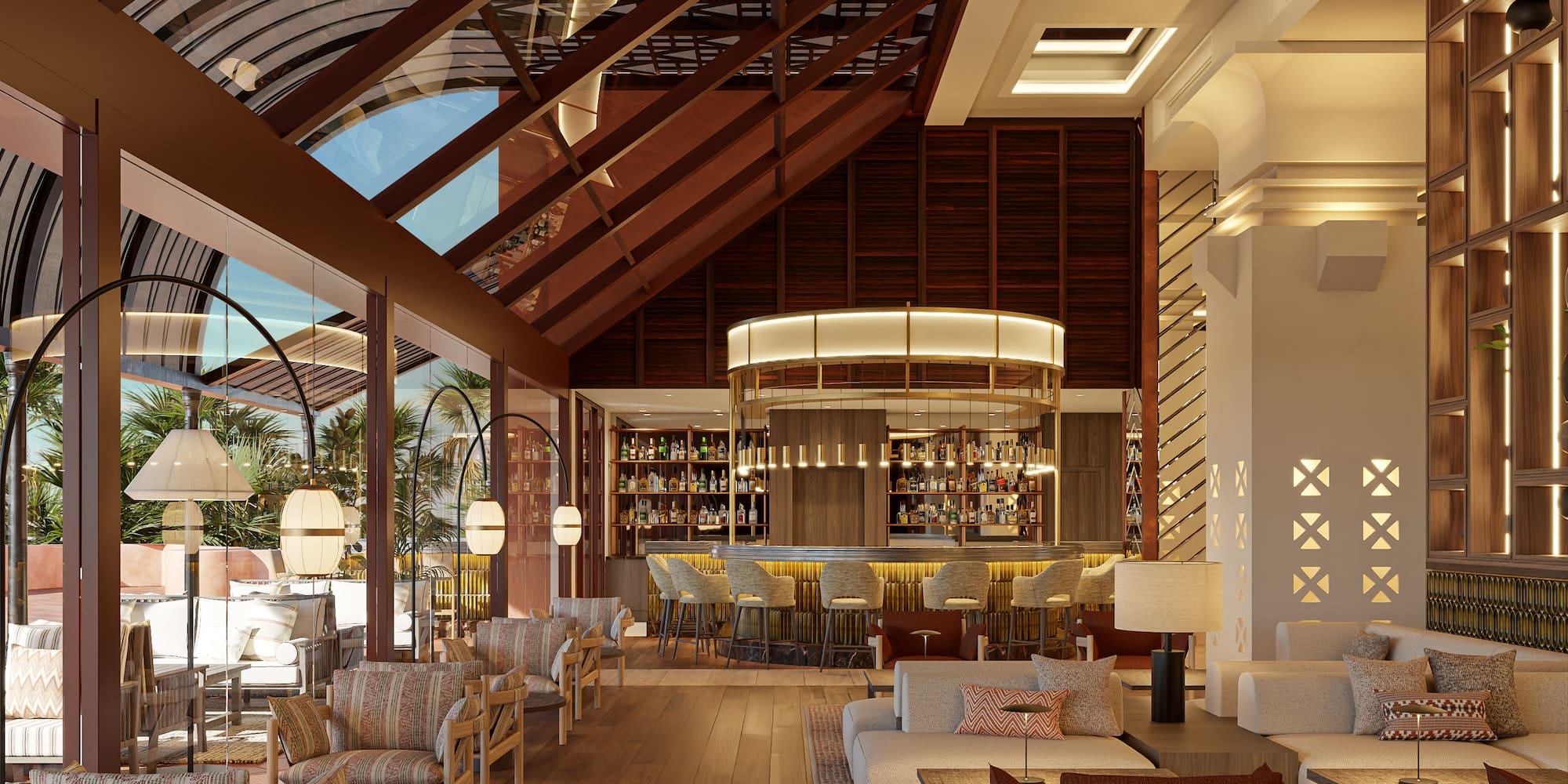 a room with a bar and a lounge area