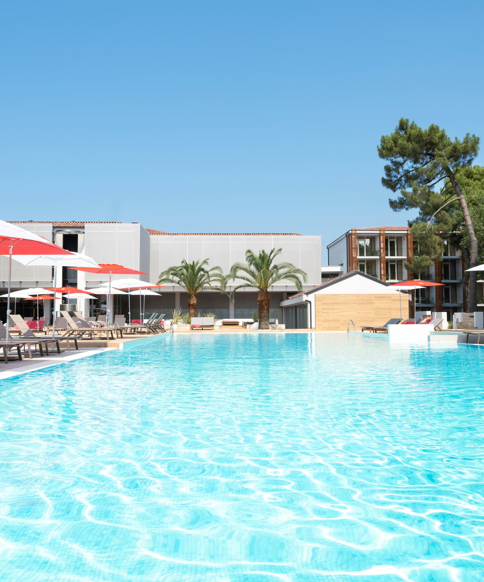 a pool with umbrellas and chairs