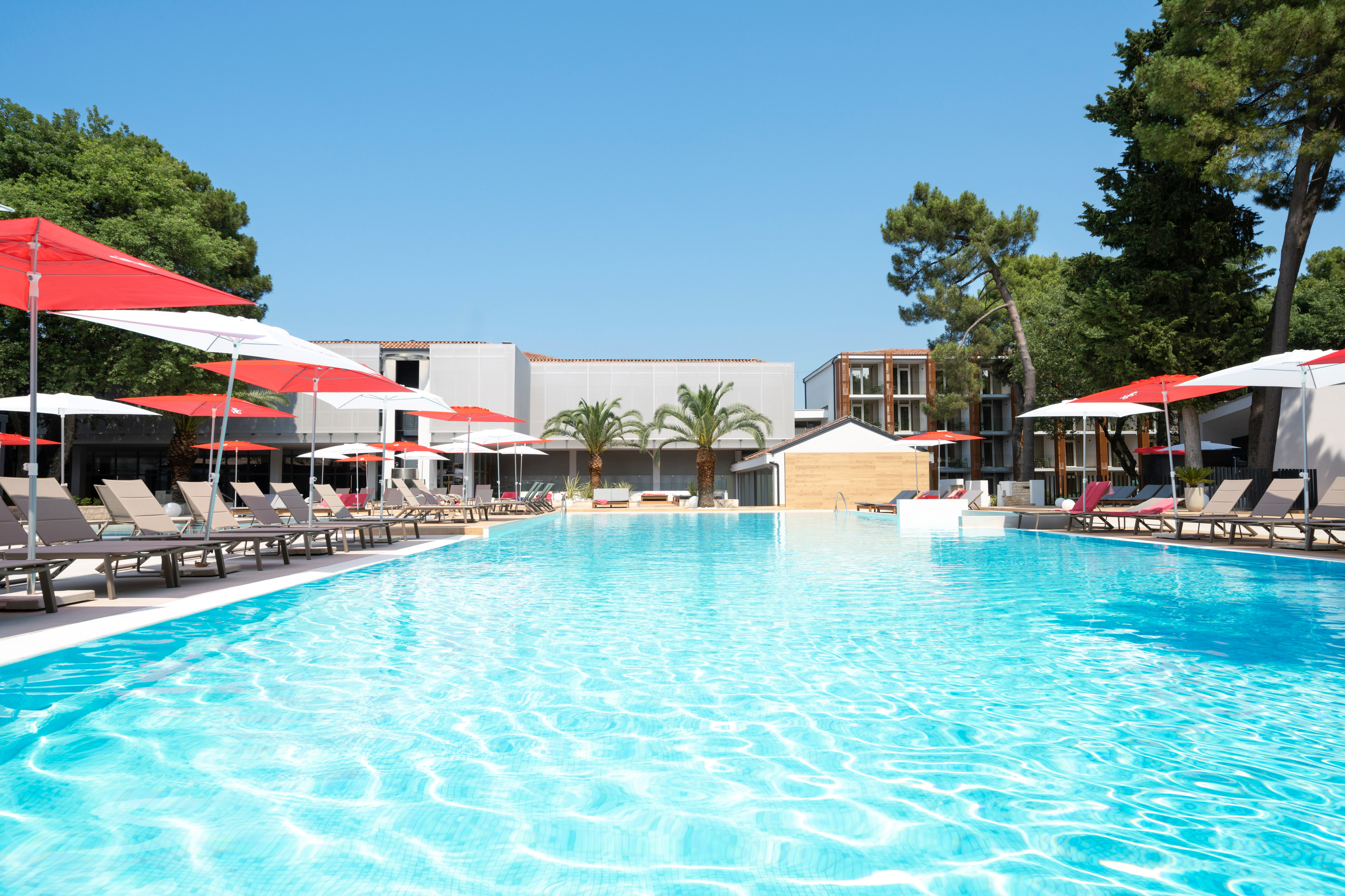 a pool with umbrellas and chairs
