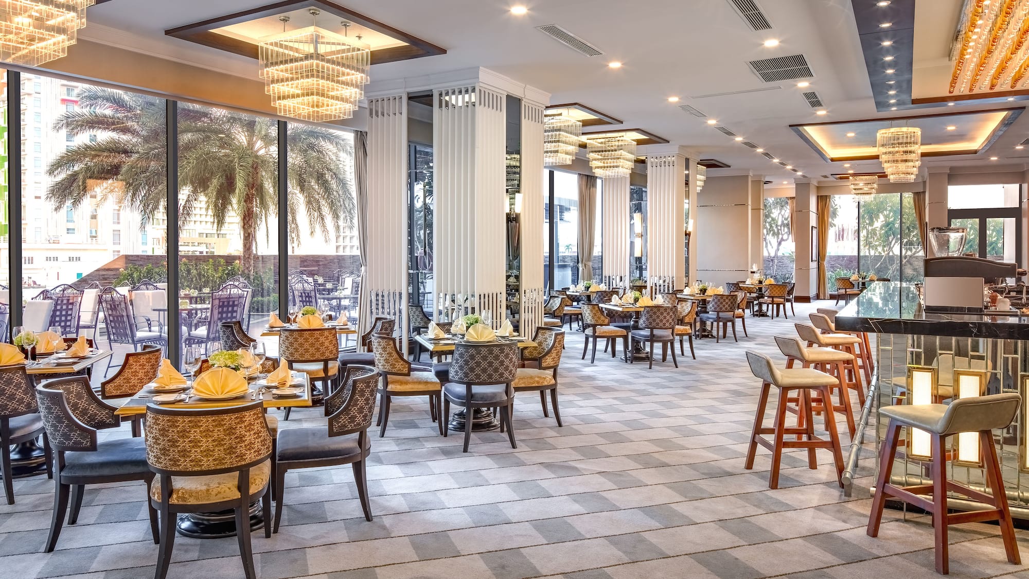 a room with tables and chairs