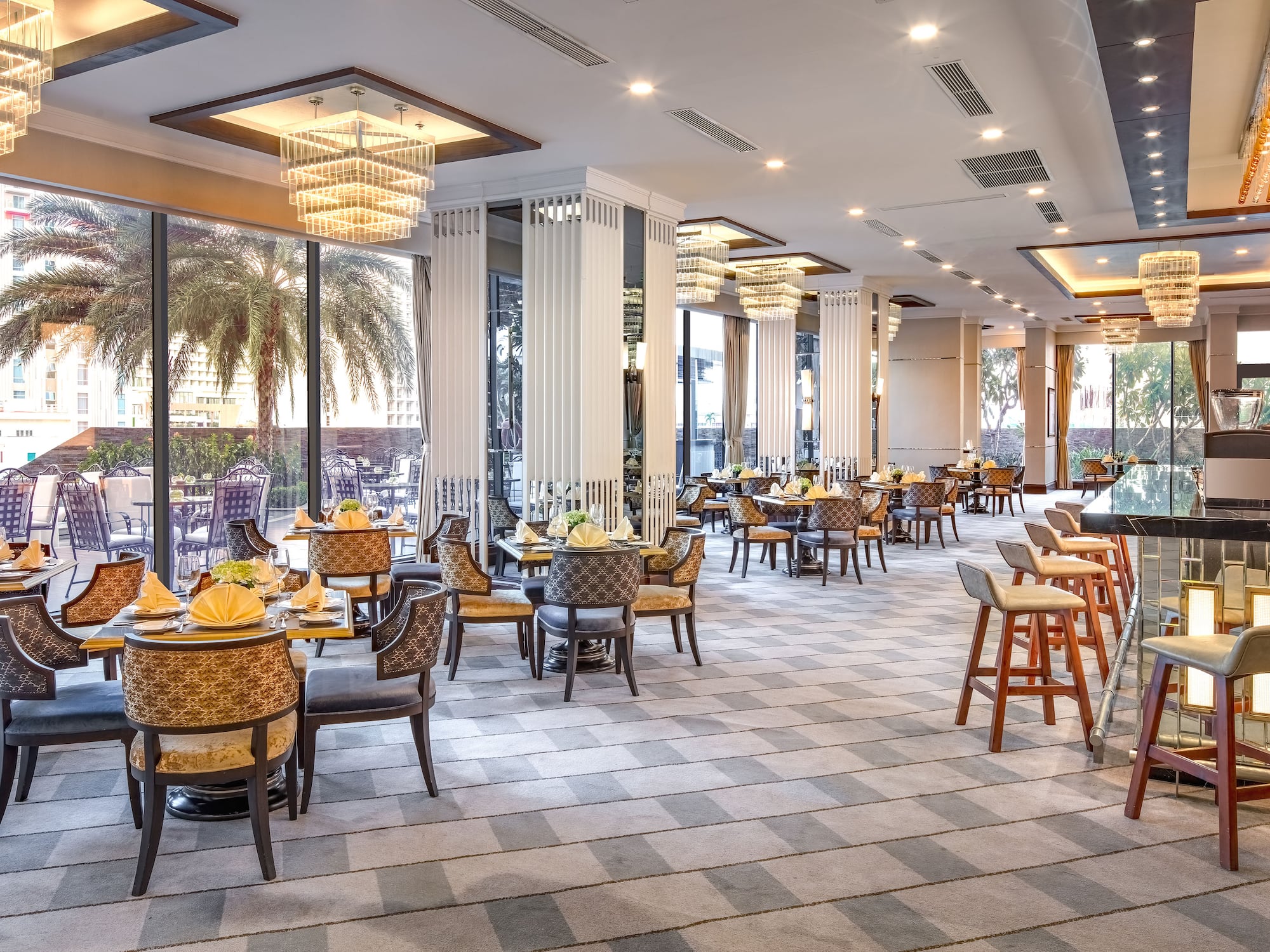 a room with tables and chairs