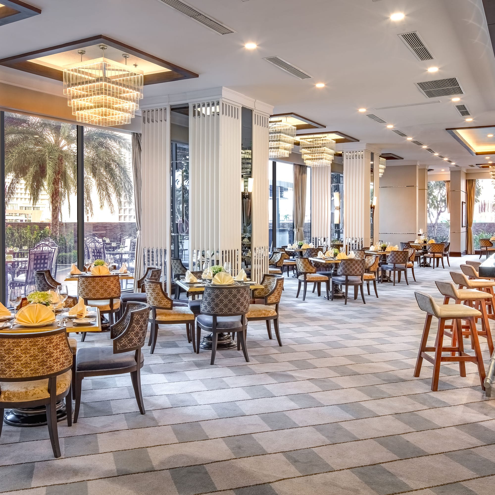 a room with tables and chairs