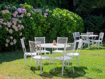 a table and chairs in a garden