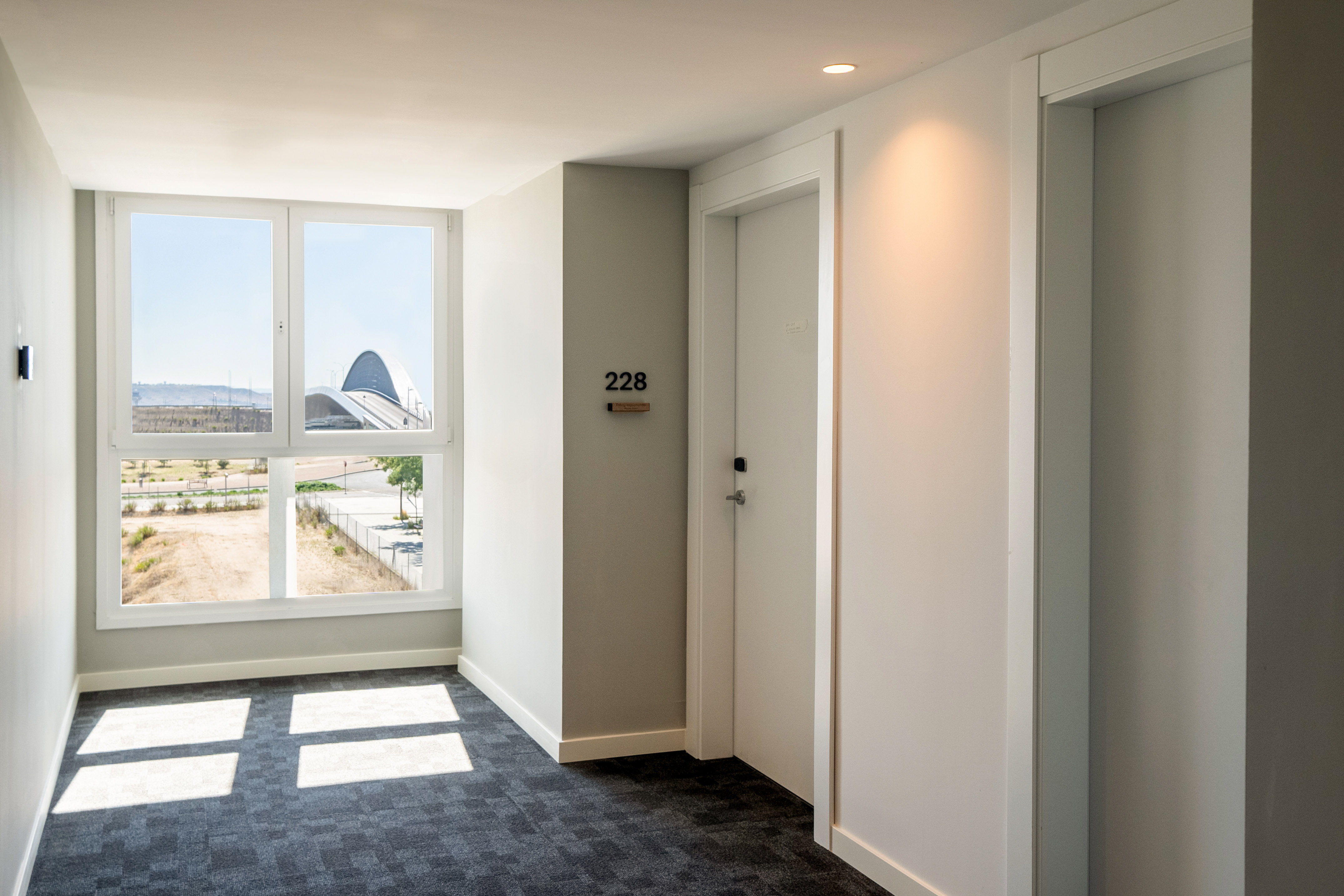 Bright modern hallway with window, city architecture view, and room 228.