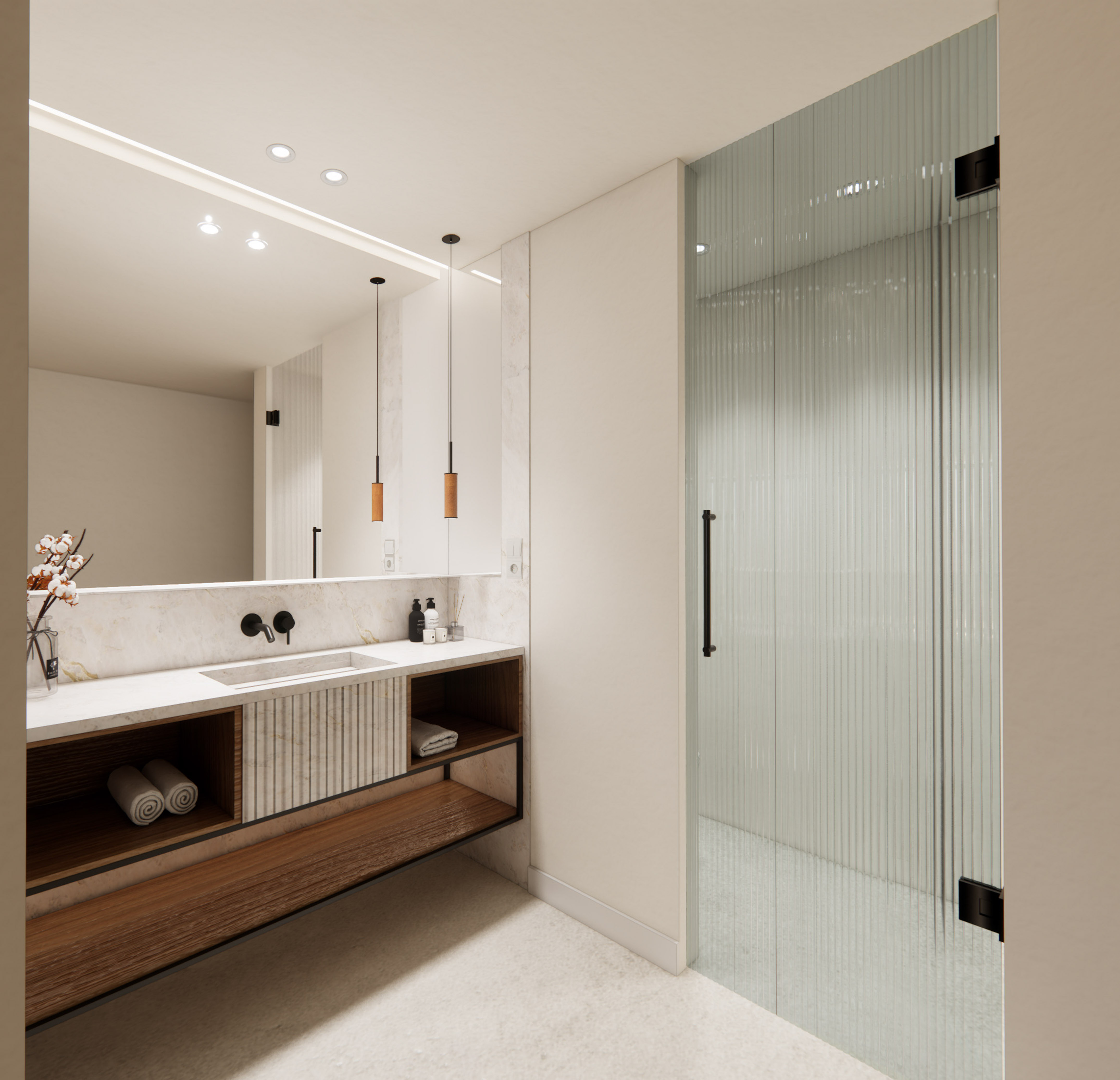 تصميم حمام عصري ومودرن بمغسلة خشبية ومرآة ضخمة مع كابينة دش زجاجية مموجة. - Deluxe Room مع حديقة - Hotel Golf Santa Ponsa Meliá Collection, مايوركا