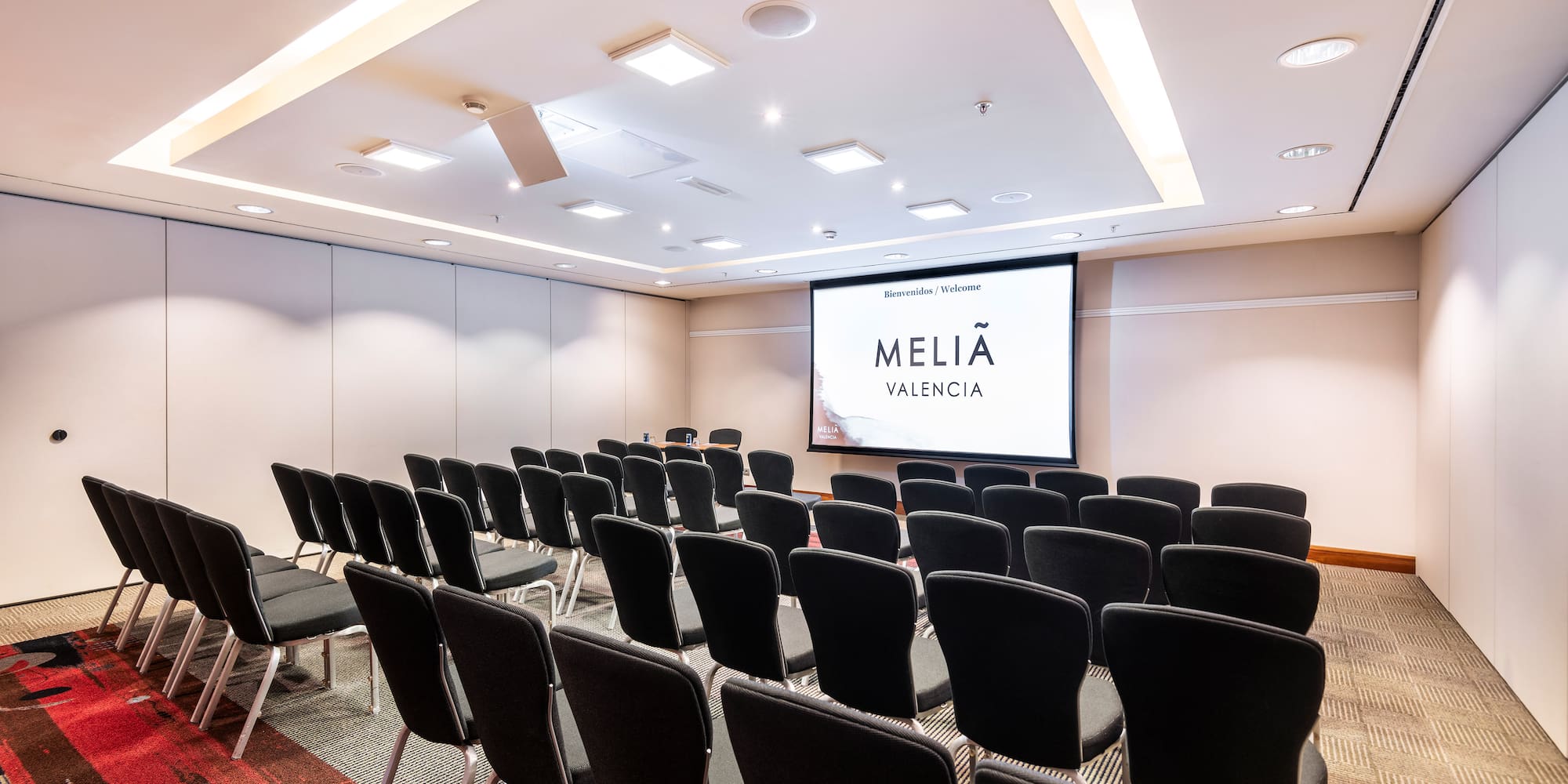 a room with rows of chairs and a projector screen