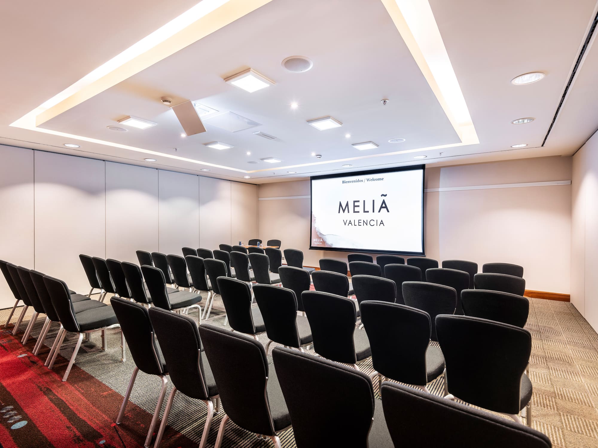 a room with rows of chairs and a projector screen