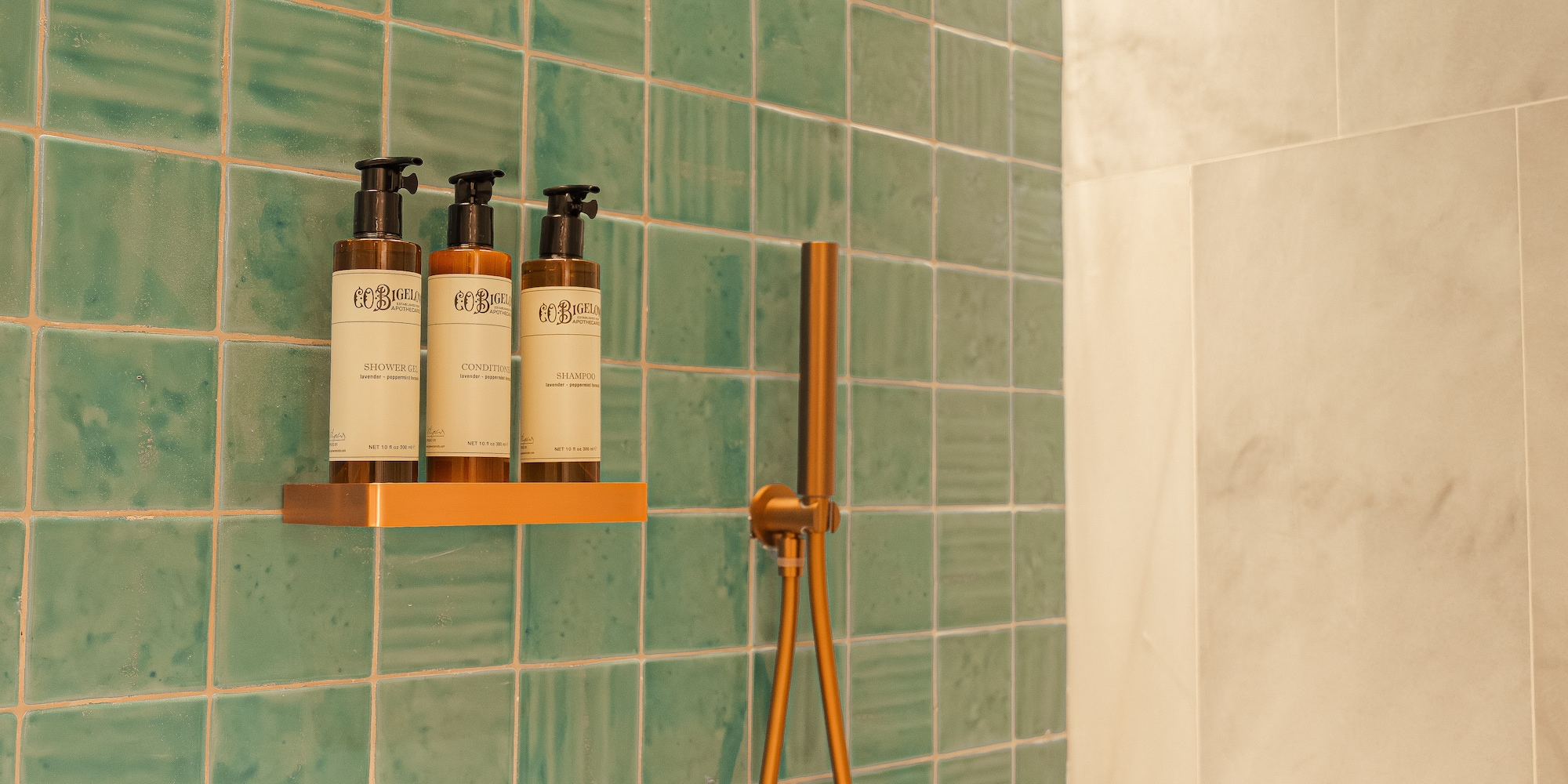 a shower with soap dispensers and a shower head