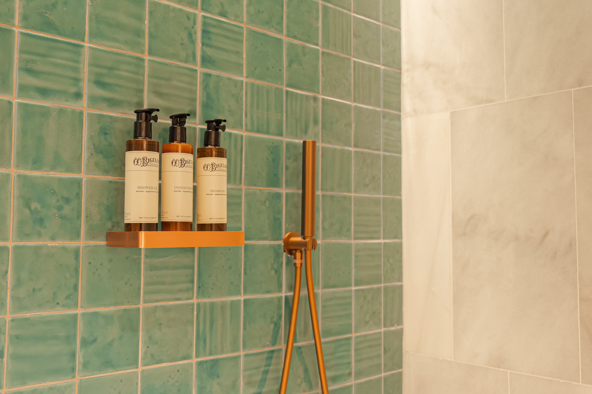 a shower with soap dispensers and a shower head