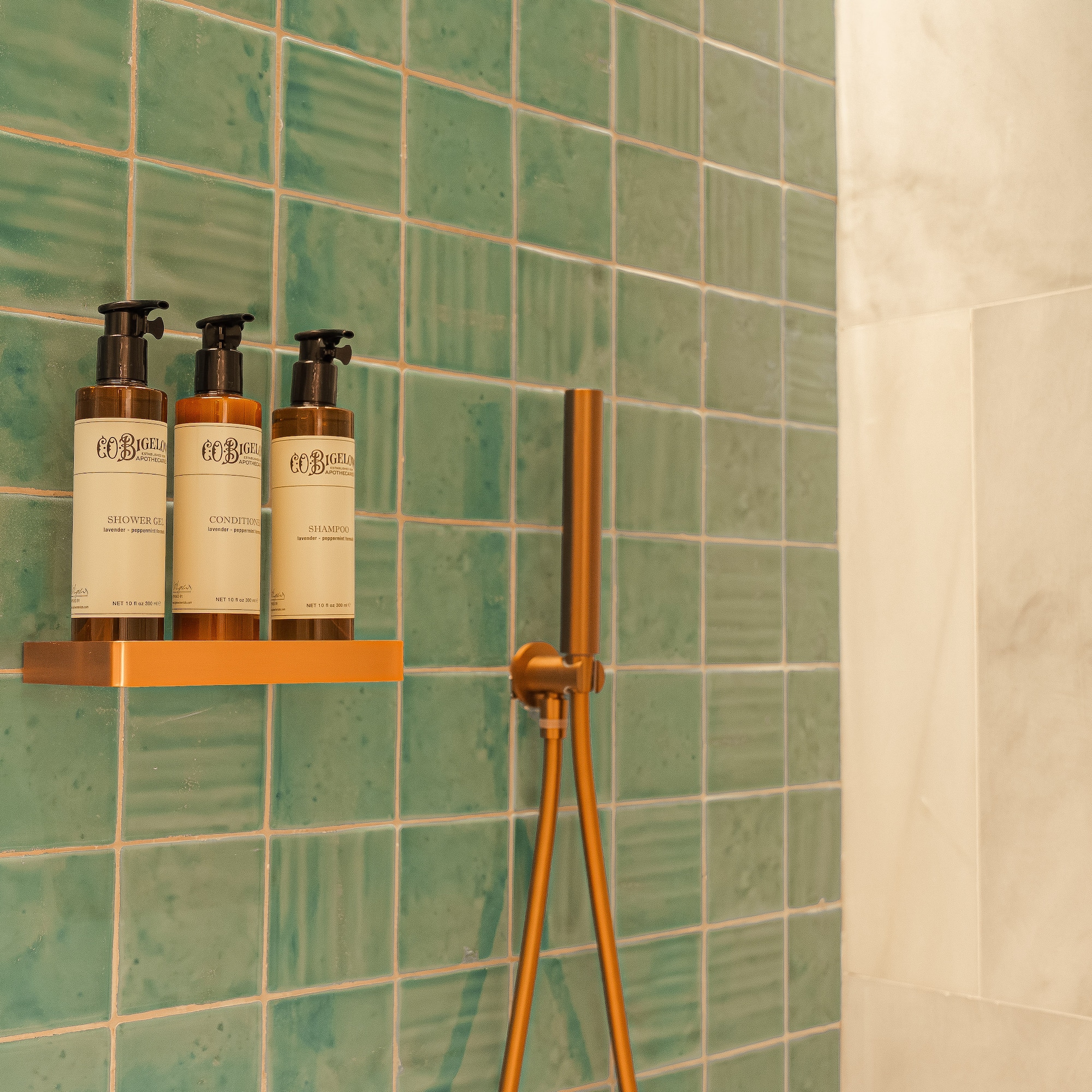 a shower with soap dispensers and a shower head