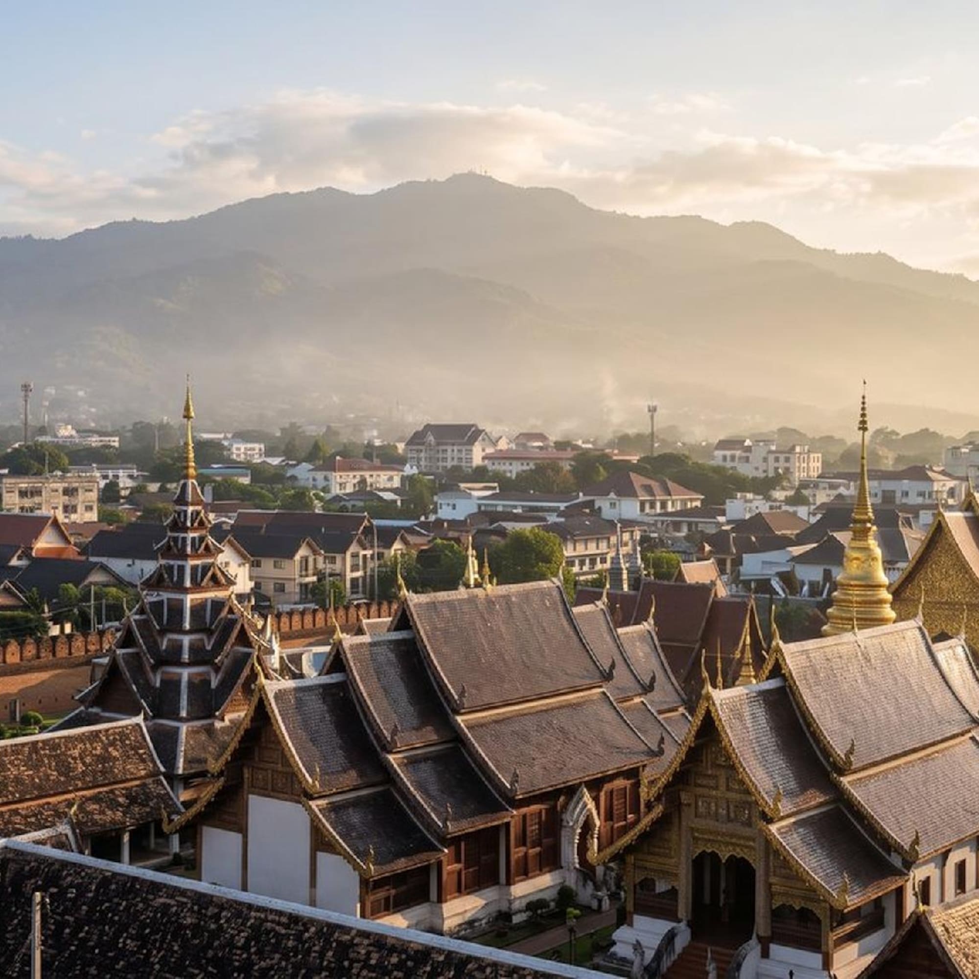 Golden-roofed temples, old city wall, Chiang Mai cityscape, hazy mountains.
