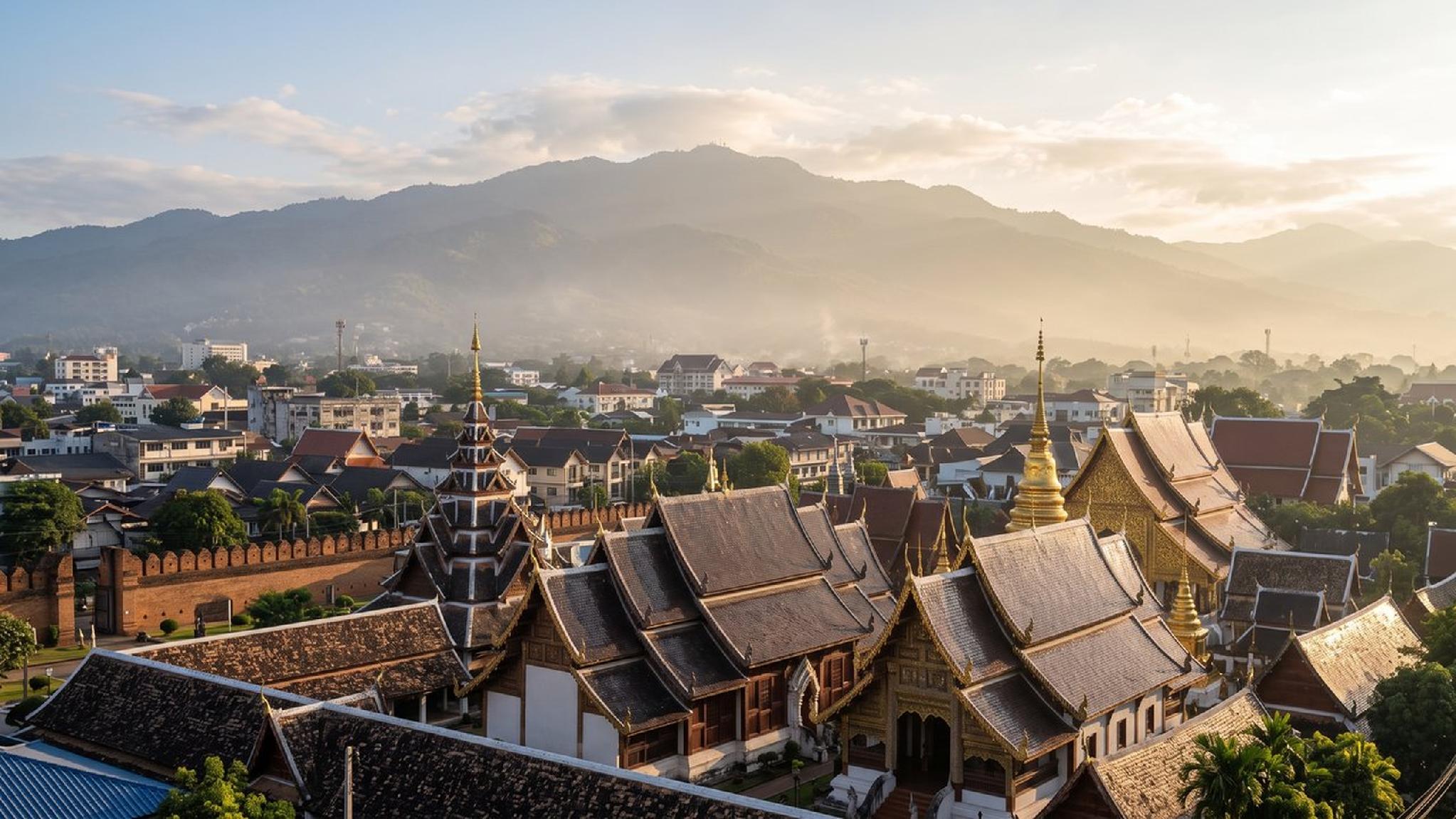 Golden-roofed temples, old city wall, Chiang Mai cityscape, hazy mountains.