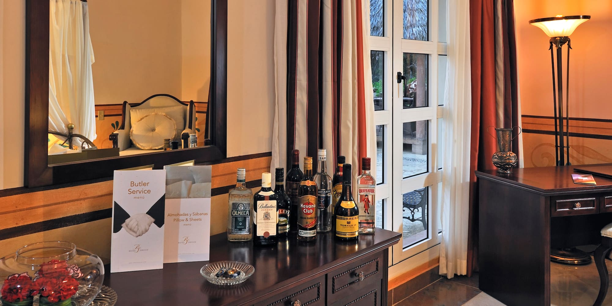 a table with bottles of alcohol on it