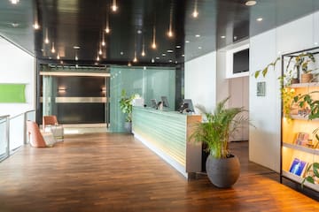 a reception desk in a building