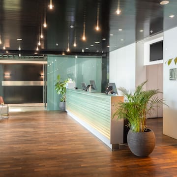 a reception desk in a building