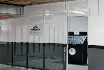 a bike station with a bike rack.