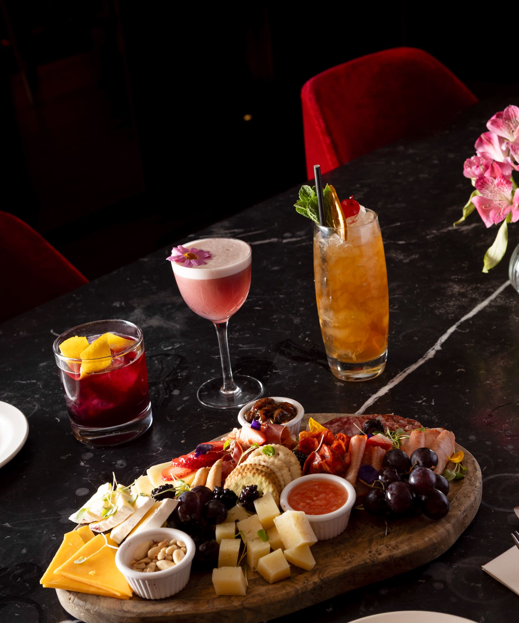 a table with food and drinks