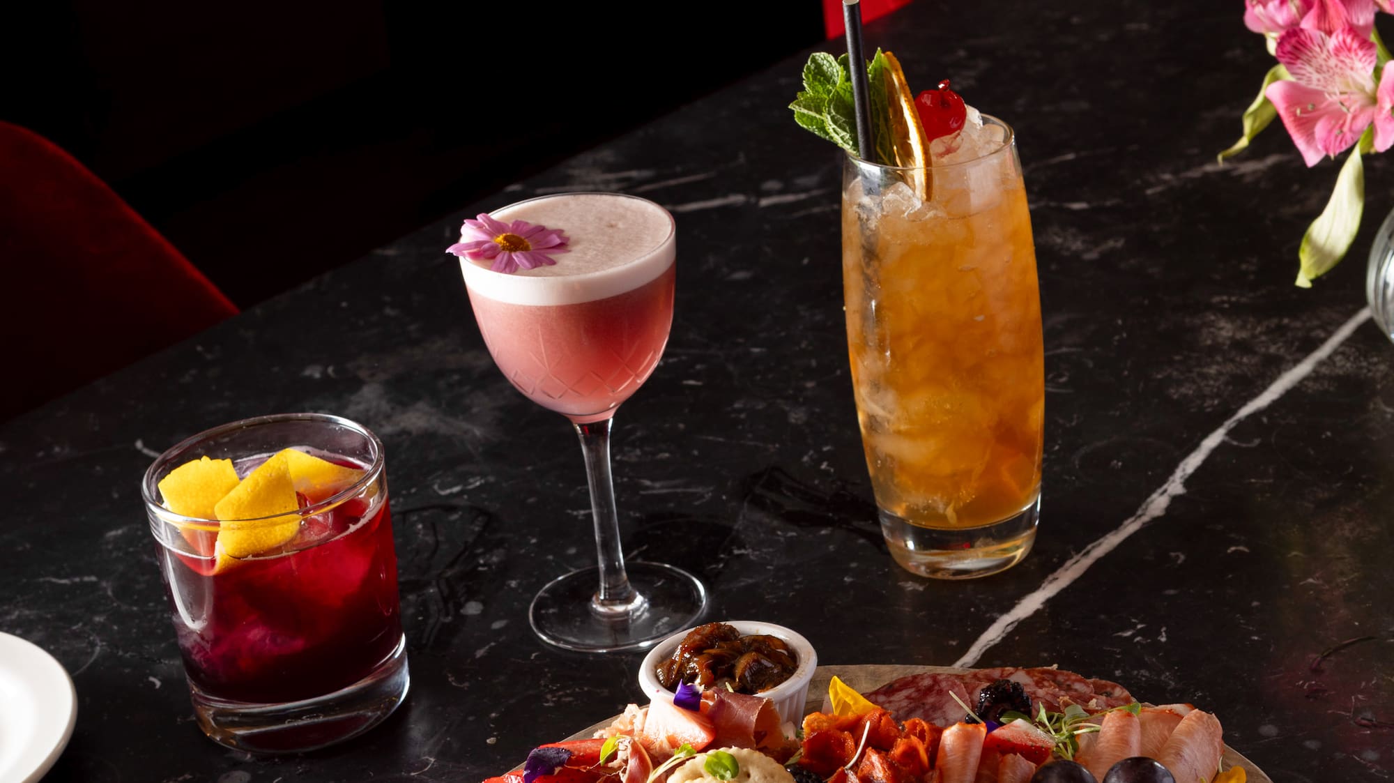 a table with food and drinks