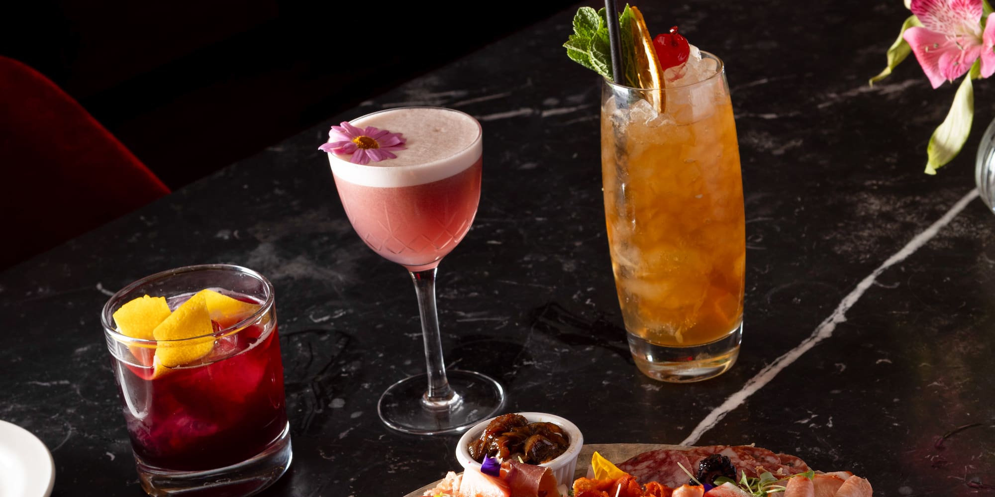 a table with food and drinks