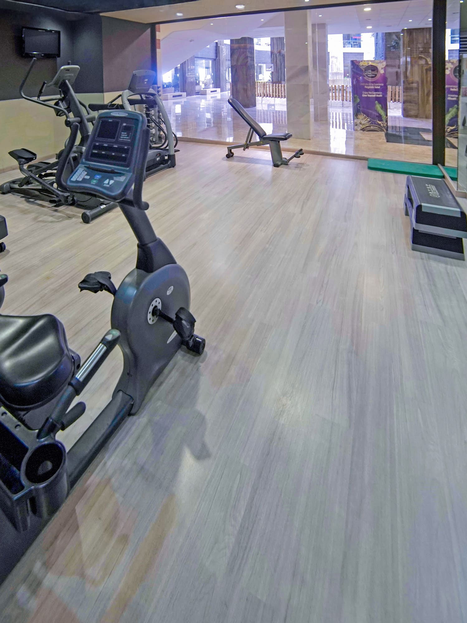 Modern gym with recumbent bike, treadmill, elliptical, weight bench, and mirrors.
