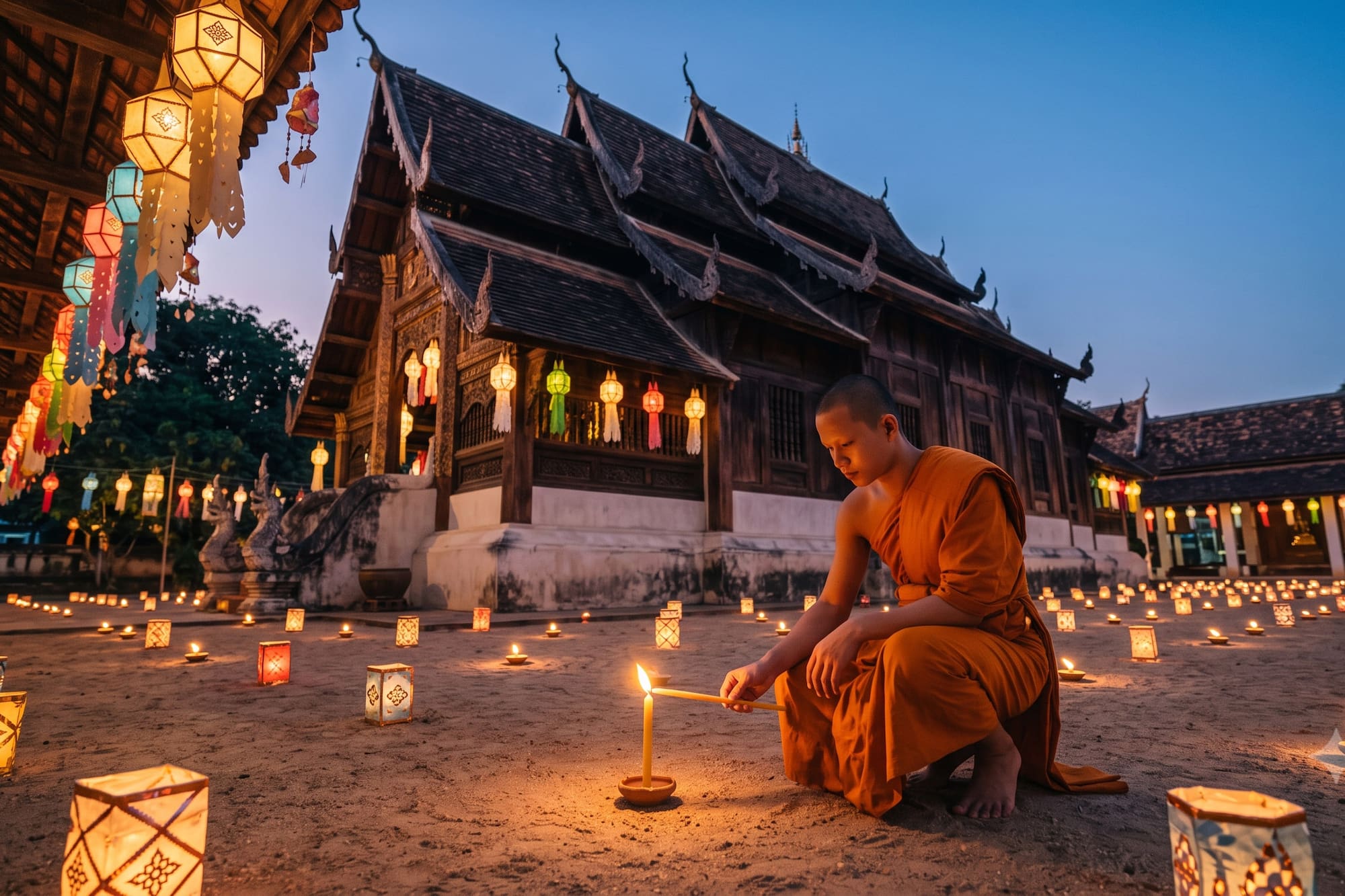 Buddhist monk lights candle surrounded by lanterns at ancient Thai temple.