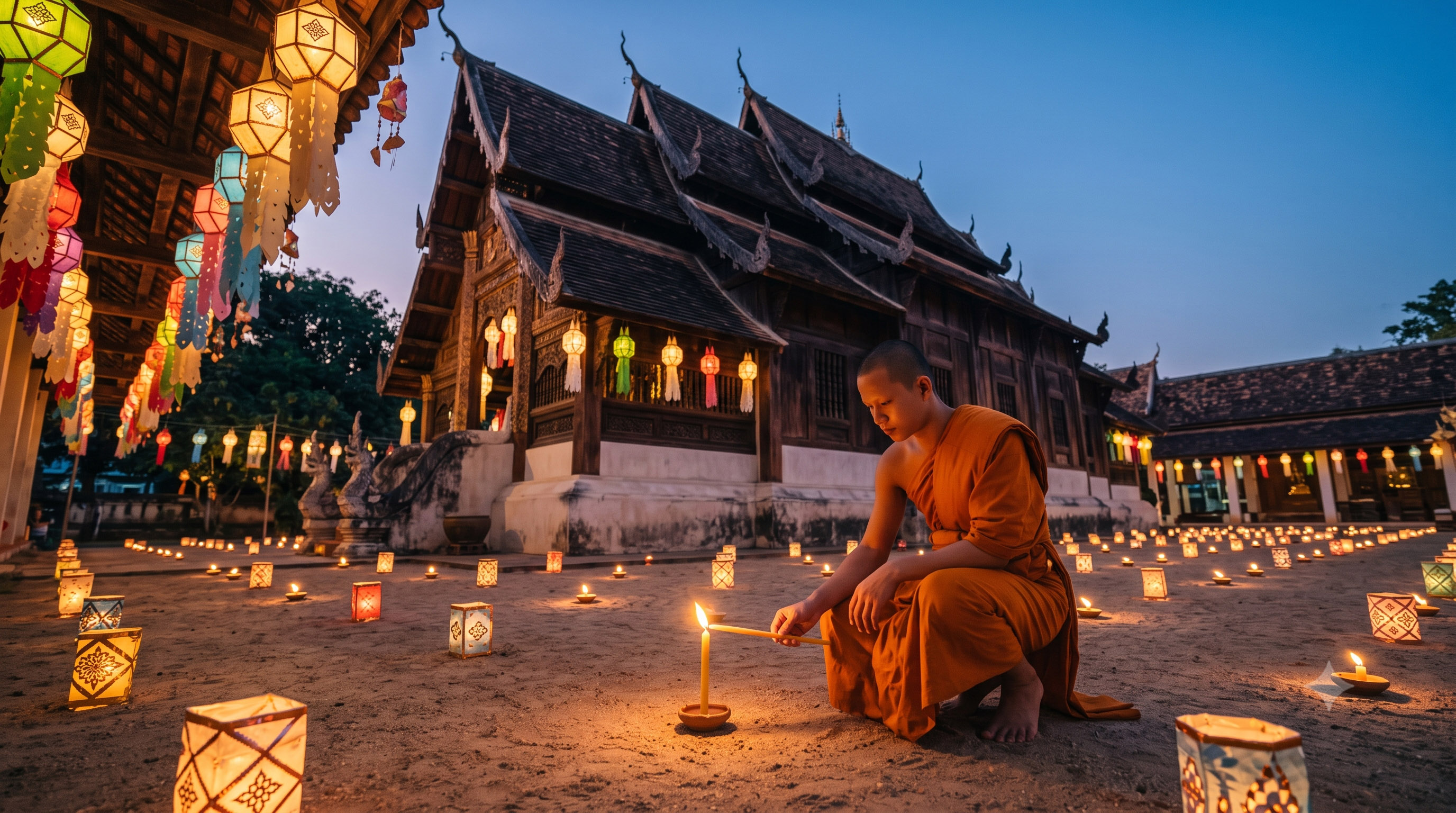 Buddhist monk lights candle surrounded by lanterns at ancient Thai temple.