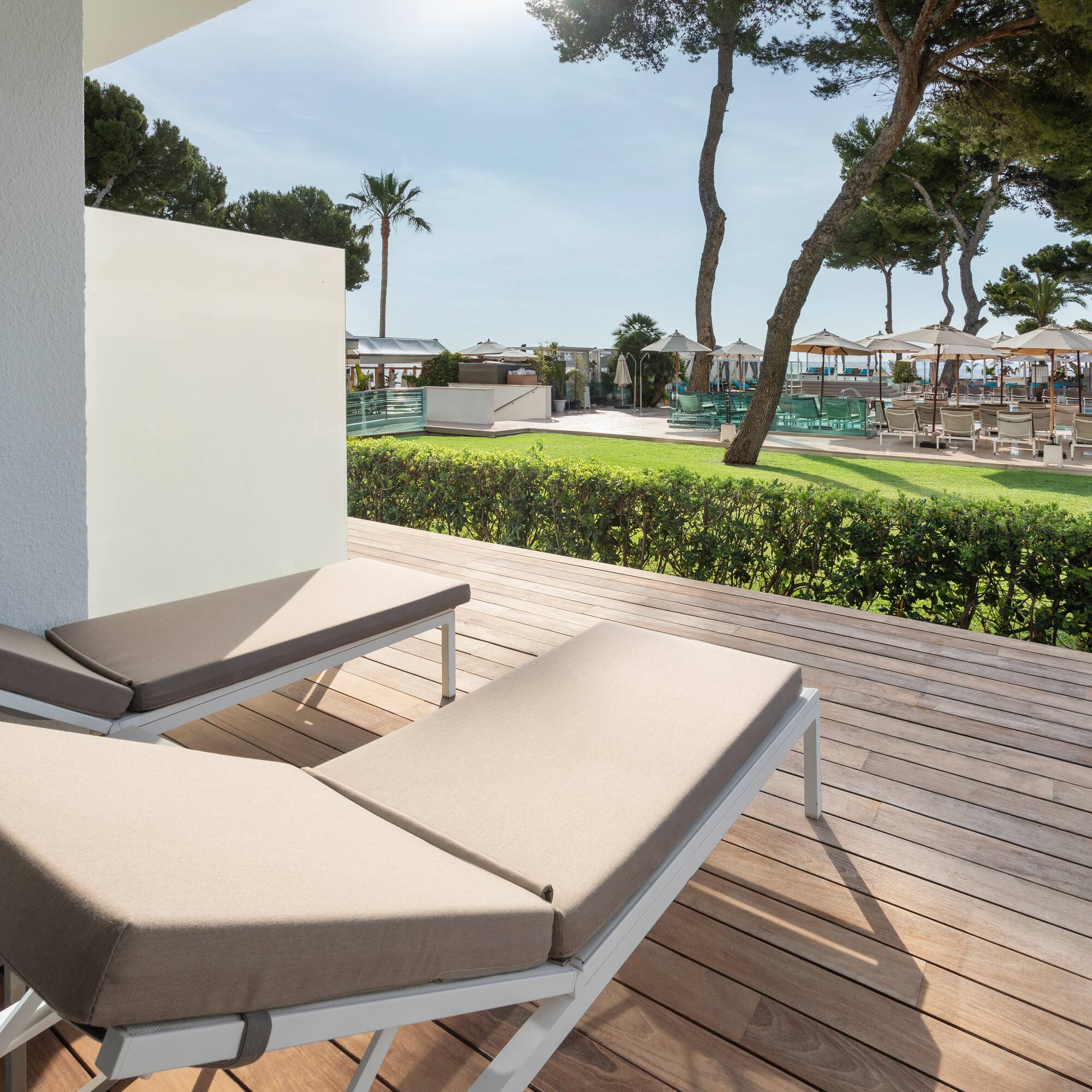 a deck with chairs and trees