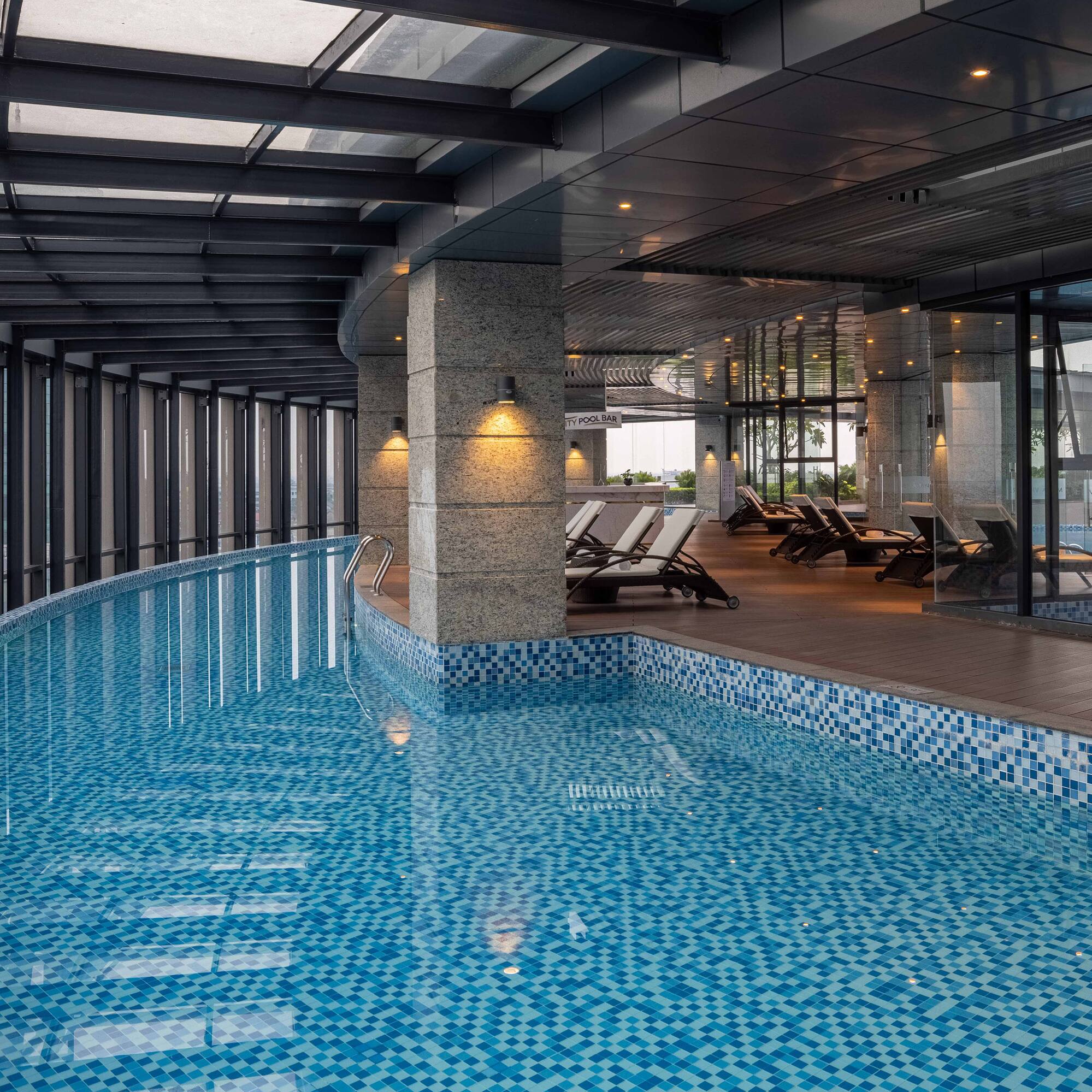 a swimming pool inside a building