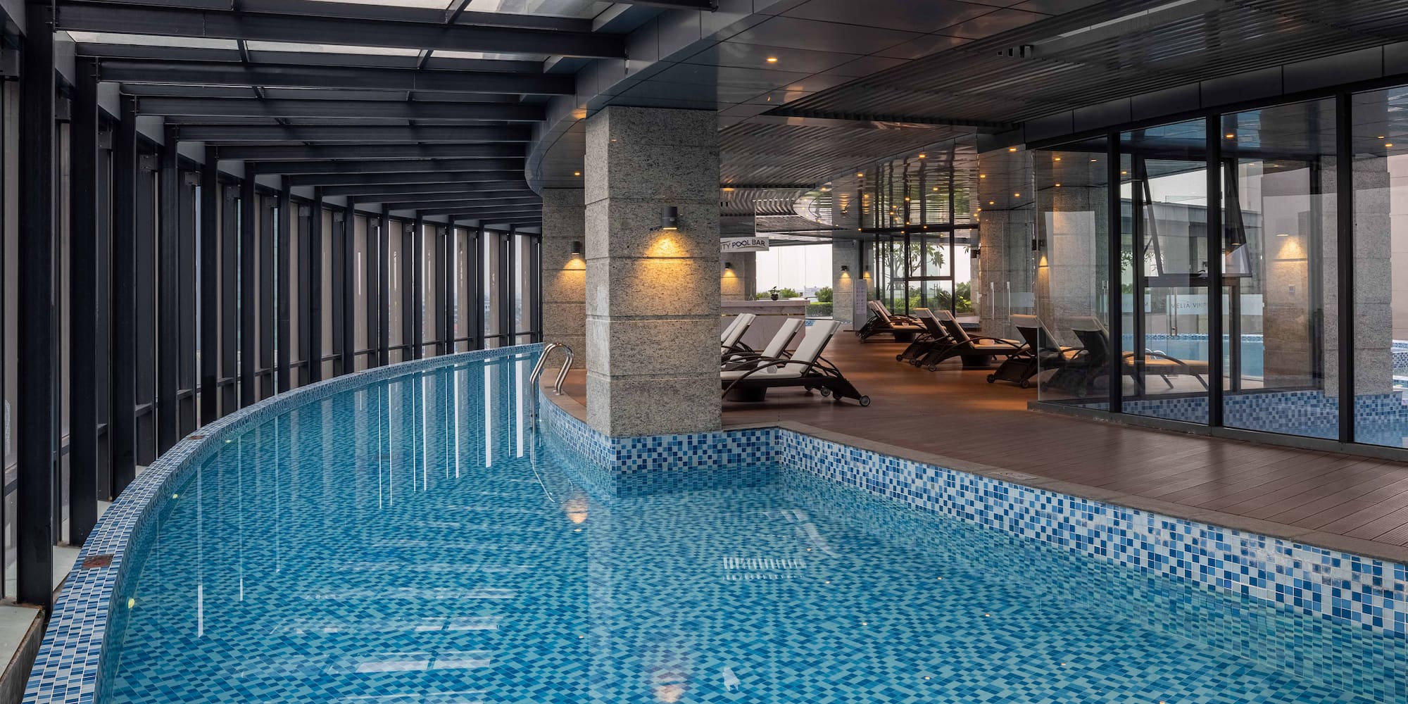 a swimming pool inside a building