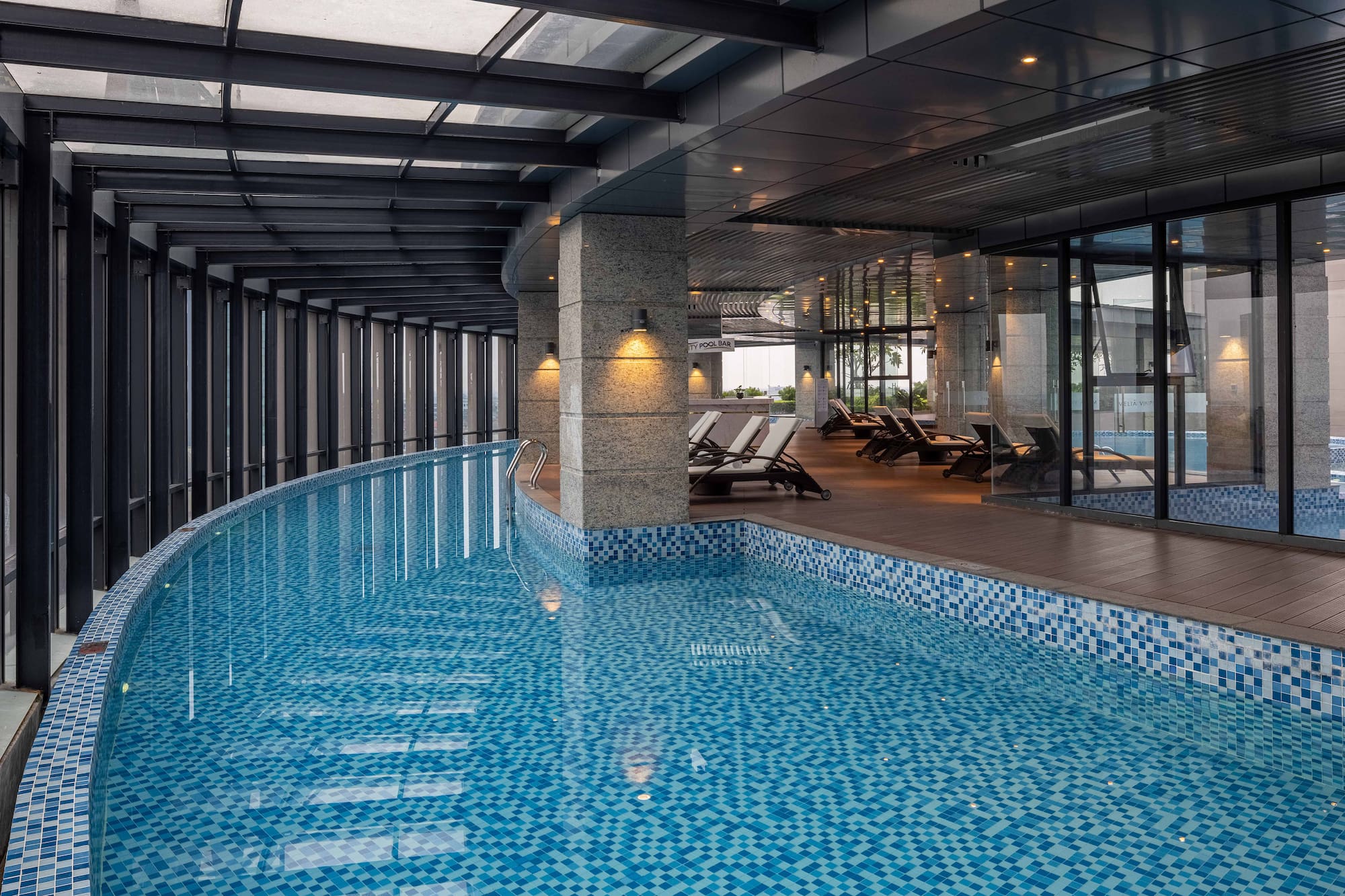 a swimming pool inside a building