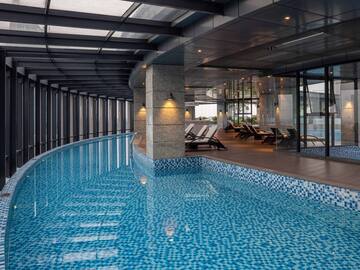 a swimming pool inside a building