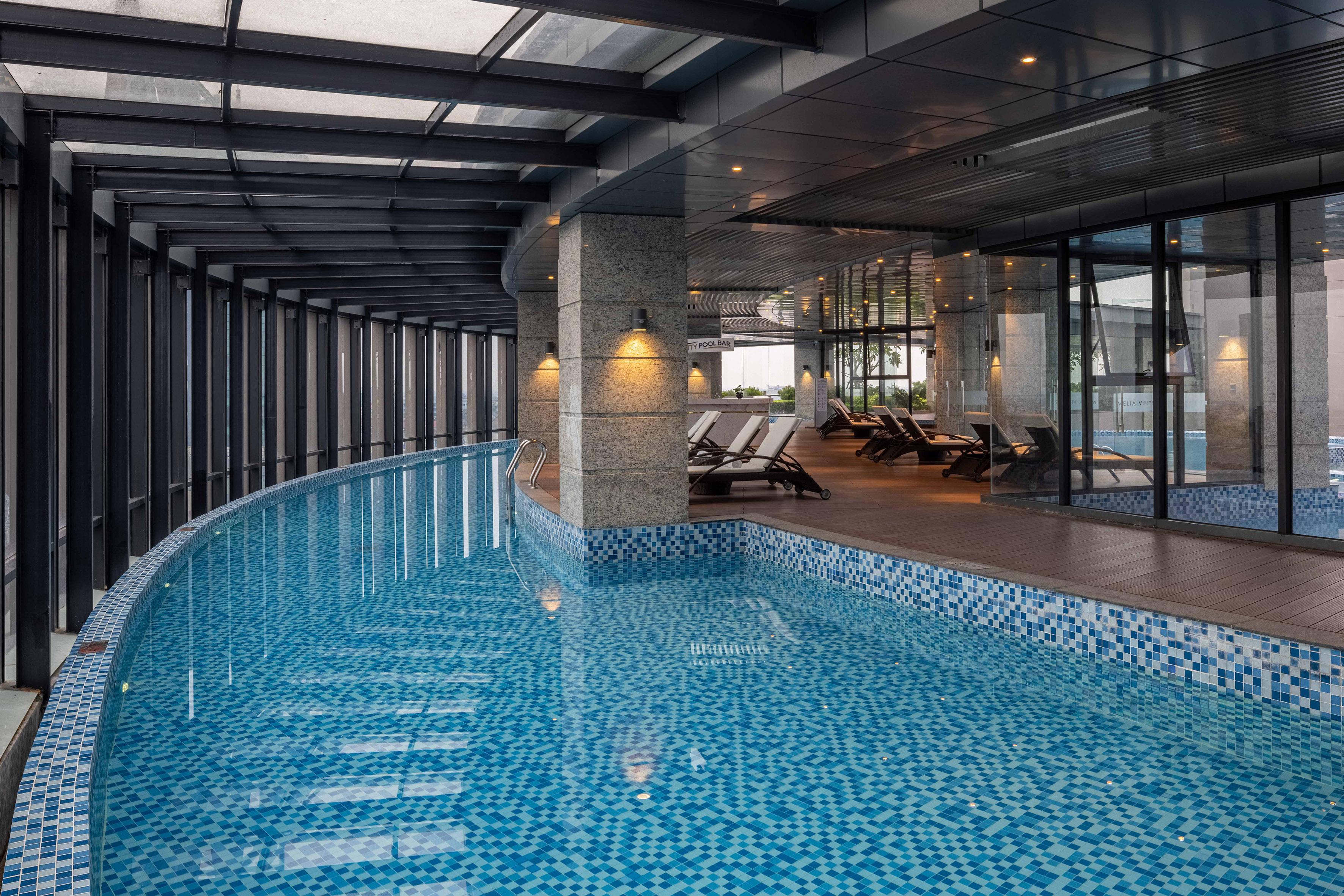 a swimming pool inside a building