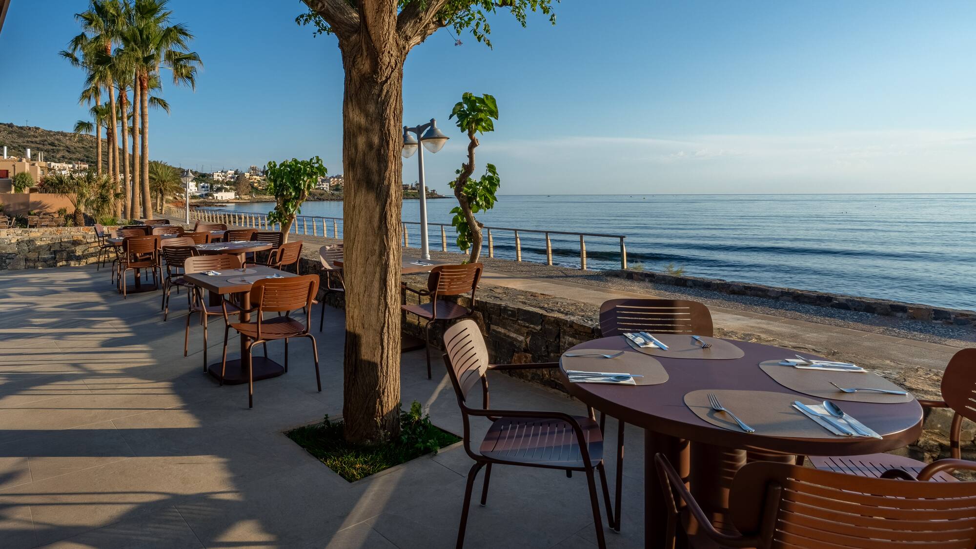 Coastal restaurant terrace with set tables, ocean view, and palm trees.