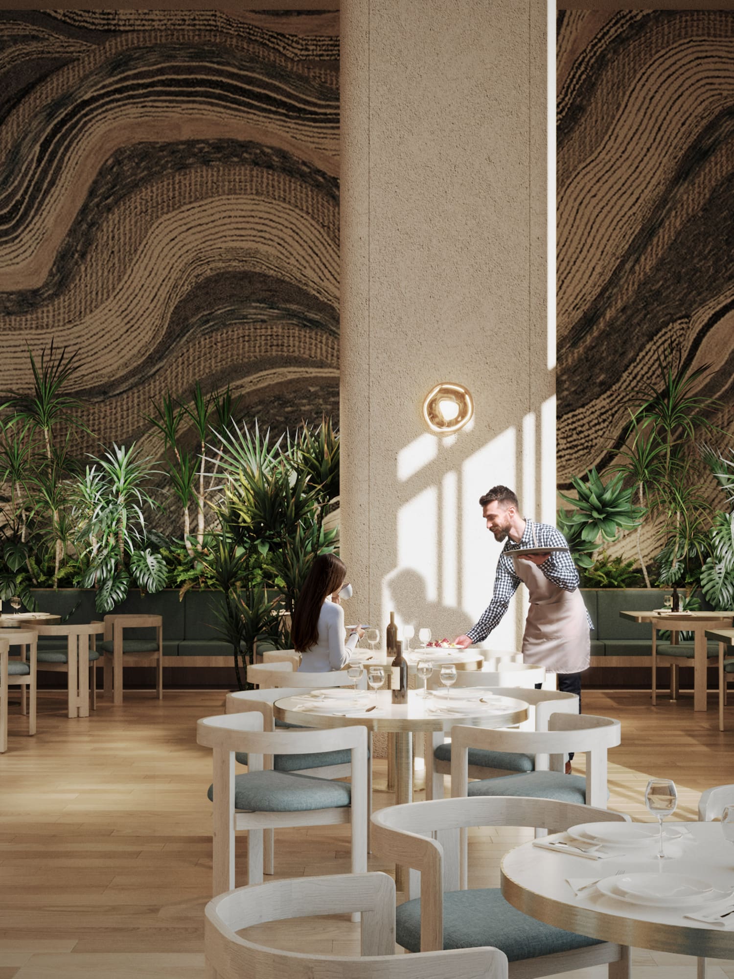 a man and woman in a restaurant