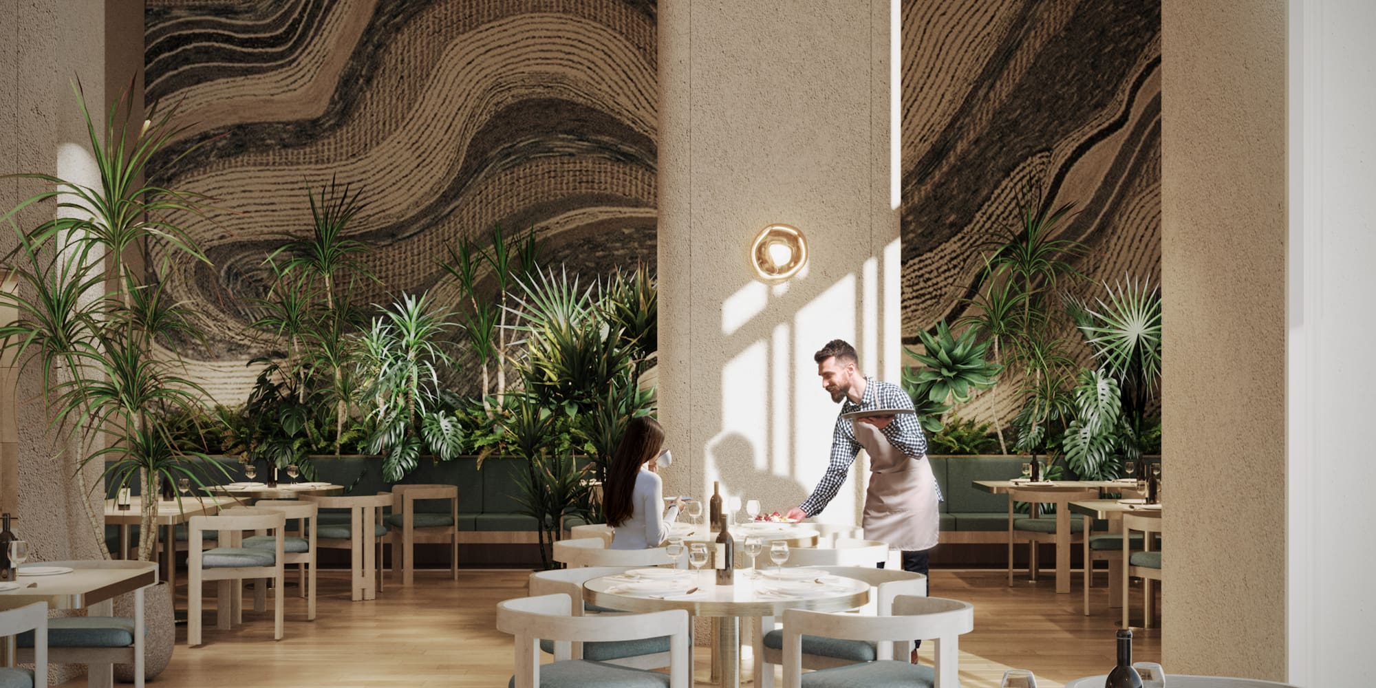 Modern restaurant interior with waiter serving, lush plants, and textured walls.