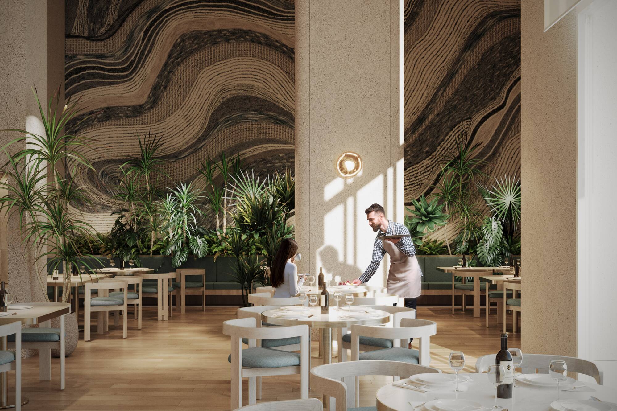 Modern restaurant interior with waiter serving, lush plants, and textured walls.