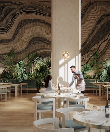 a man and woman in a restaurant