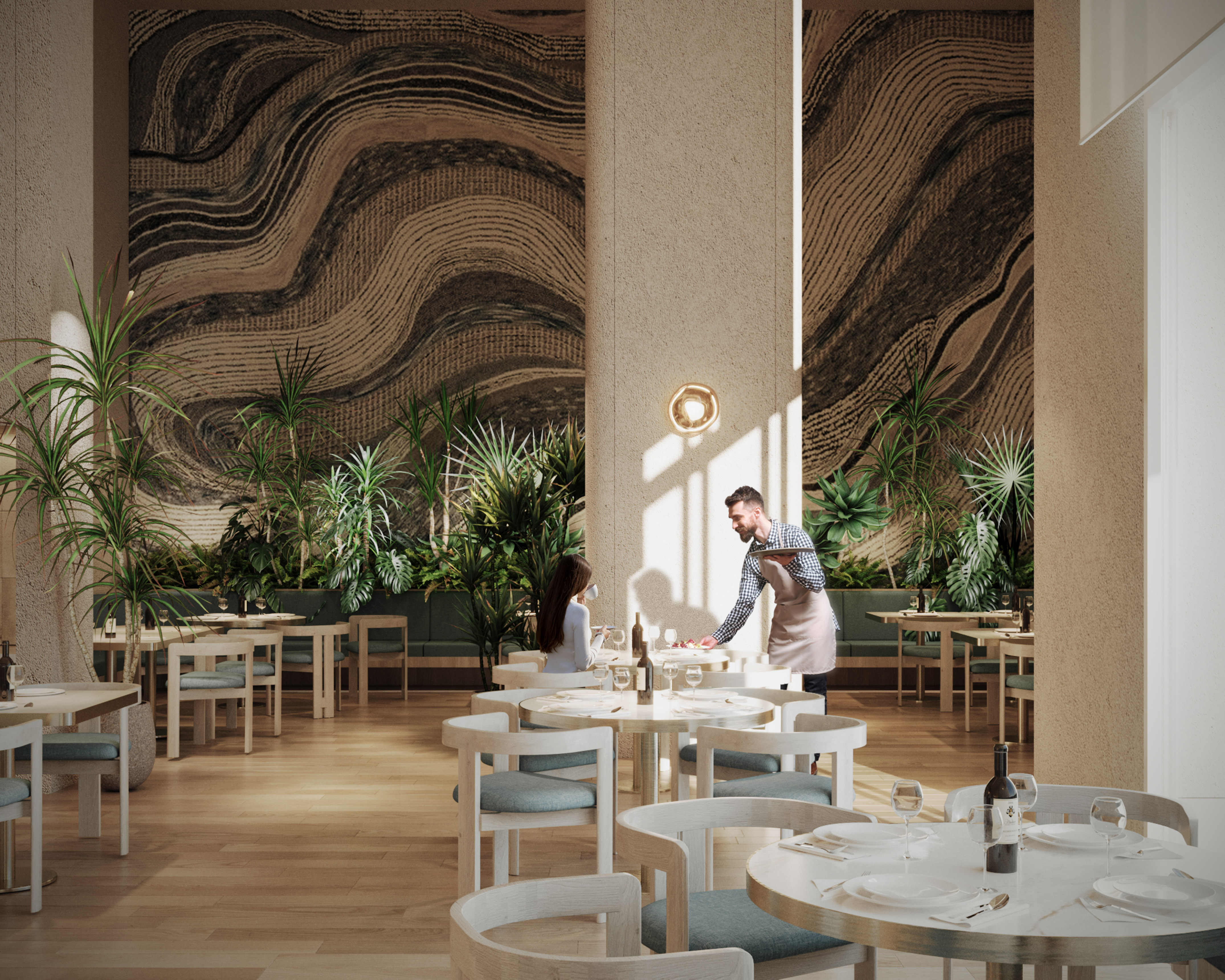 a man and woman in a restaurant
