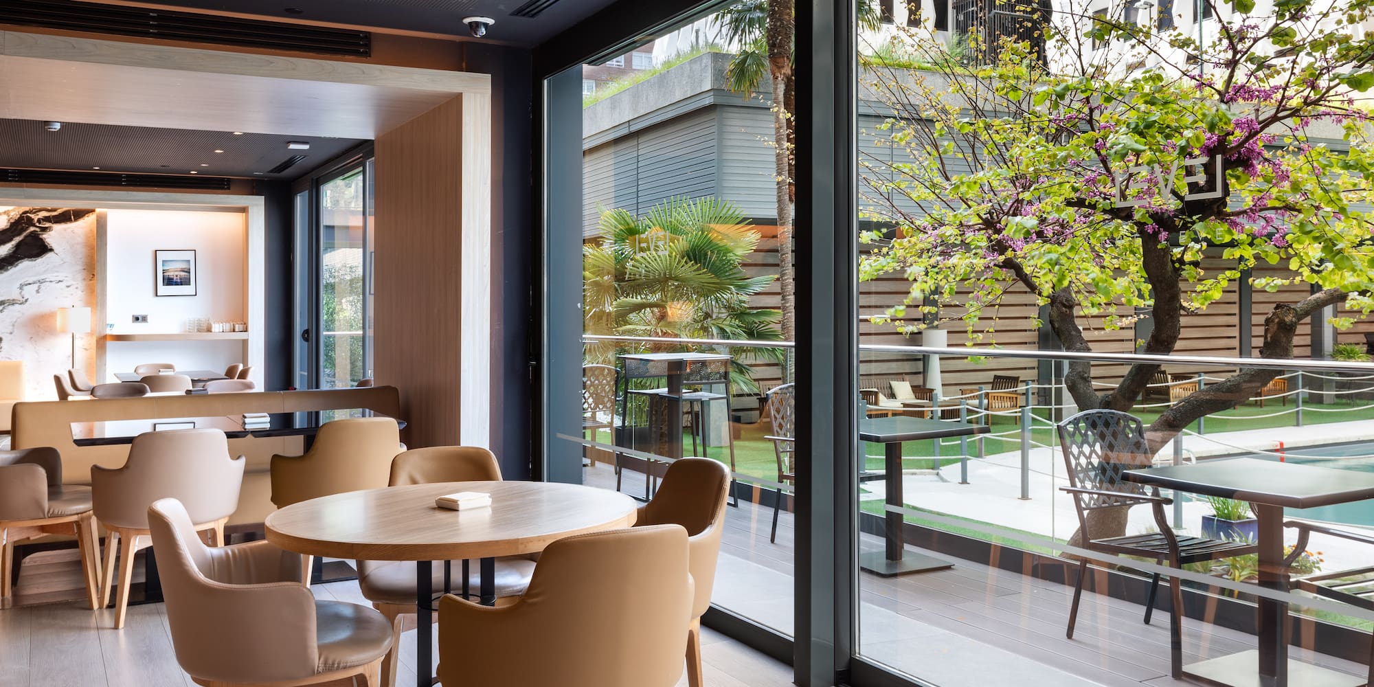 a room with a table and chairs