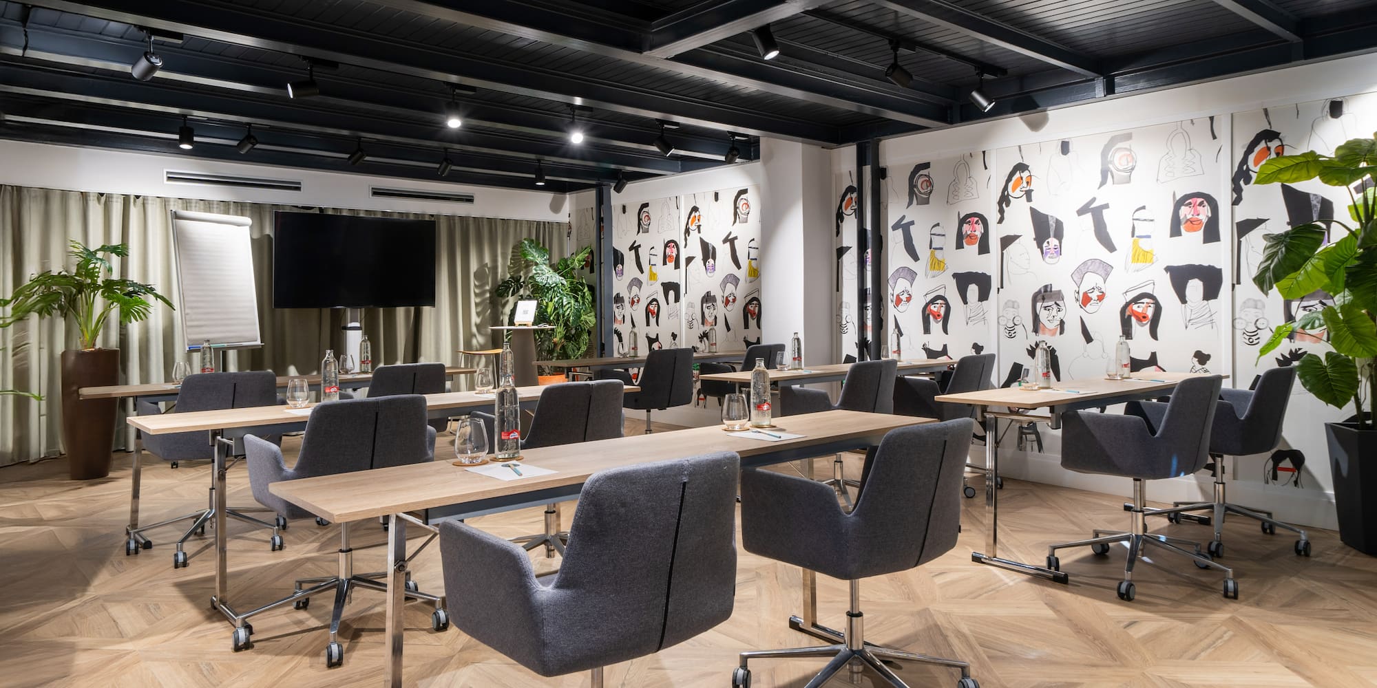 a room with tables and chairs